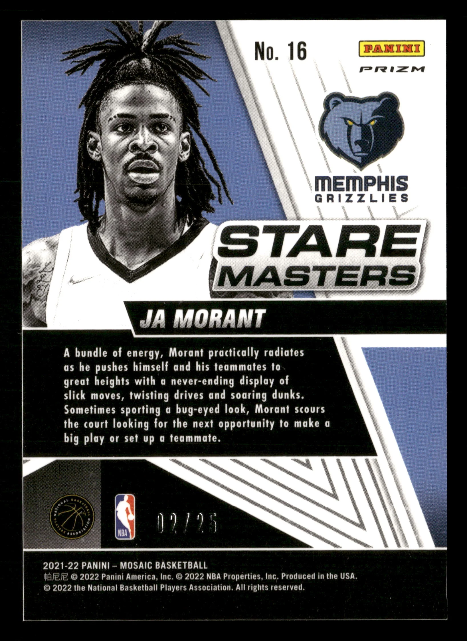 2021-22 Panini Mosaic #16 Ja Morant Stare Masters Mosaic /25 - Image 2