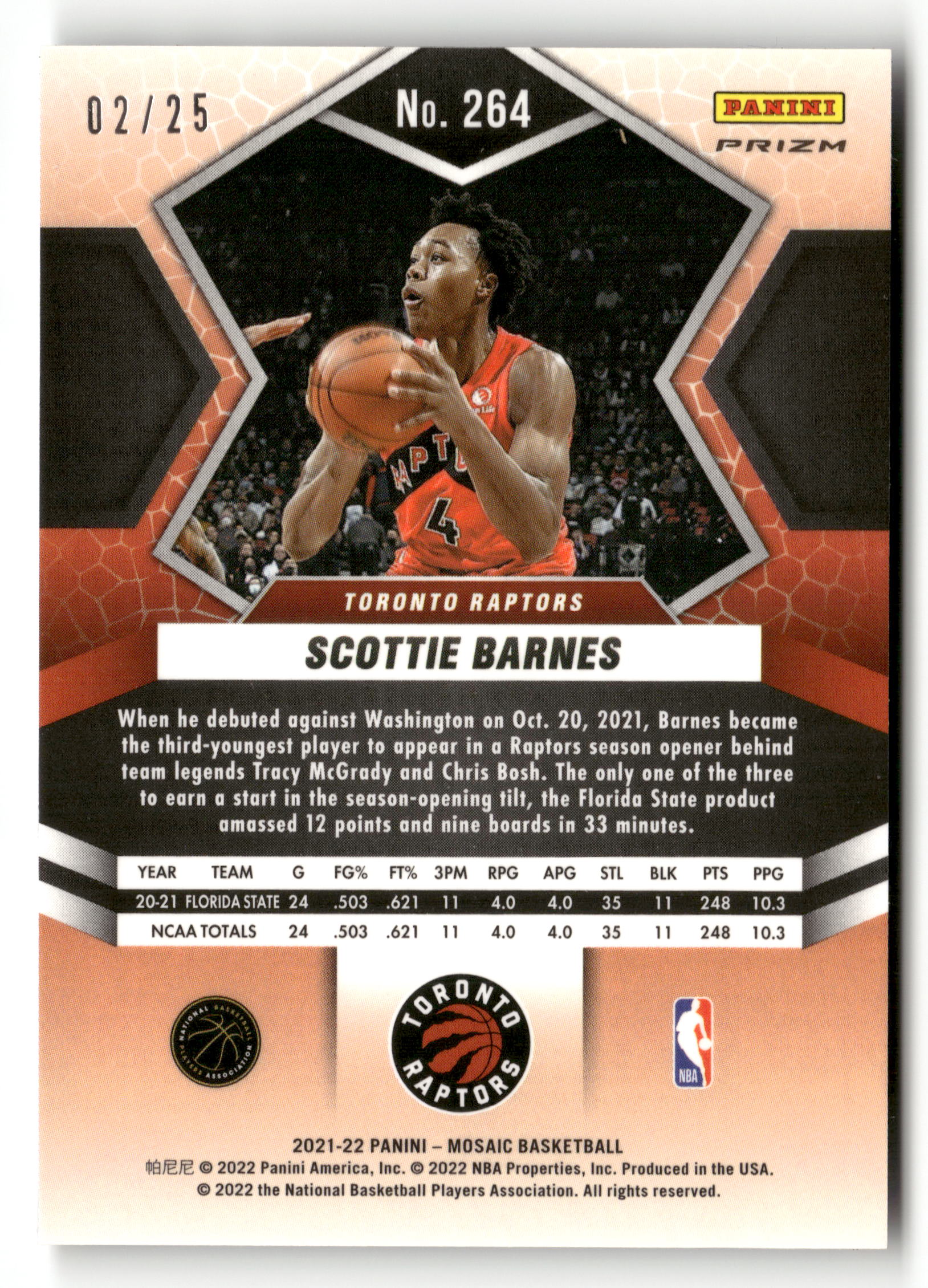 2021-22 Panini Mosaic #264 Scottie Barnes White #/25 - Image 2