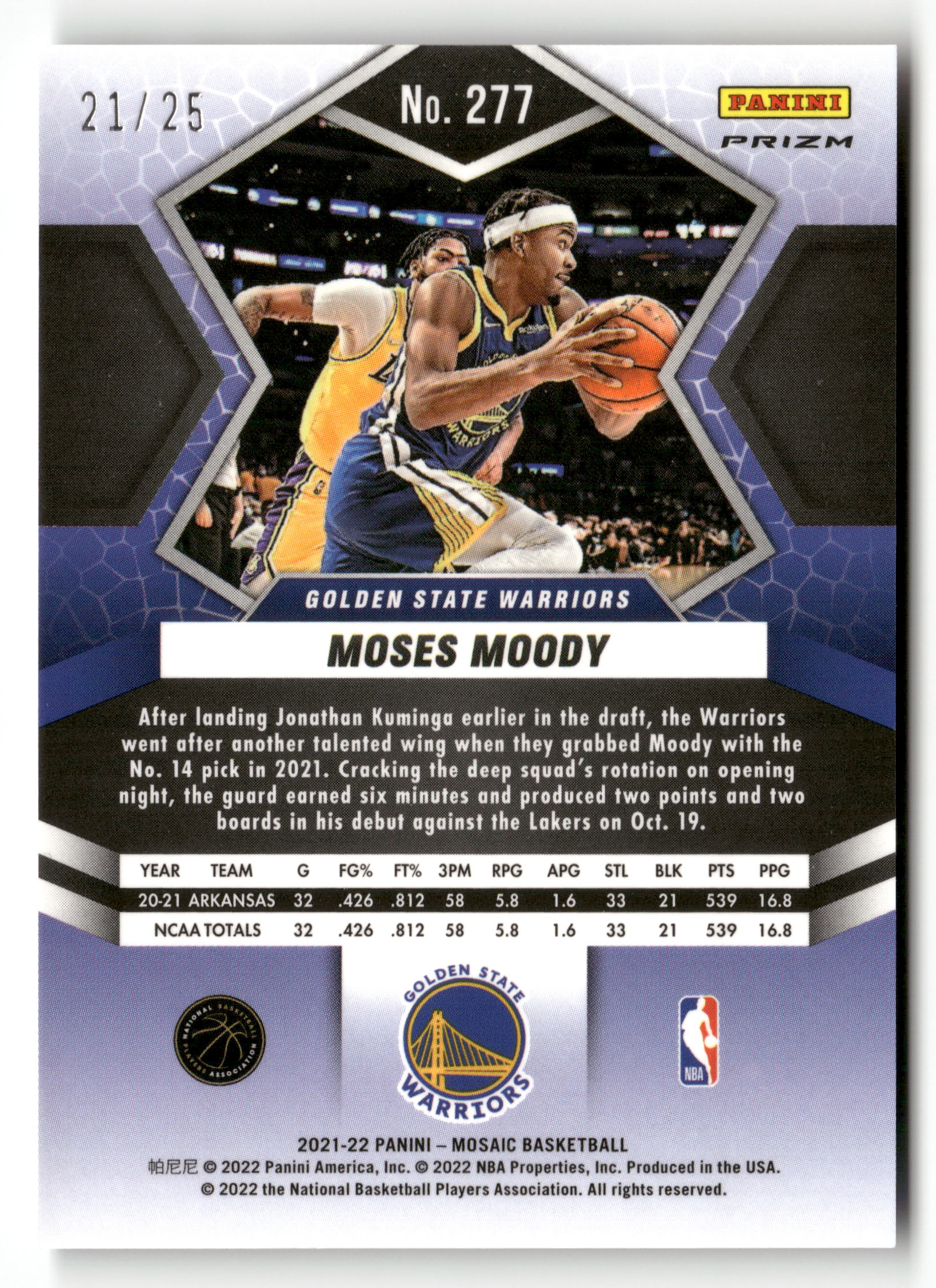 2021-22 Panini Mosaic #277 Moses Moody Orange Fluorescent RC #/25 - Image 2