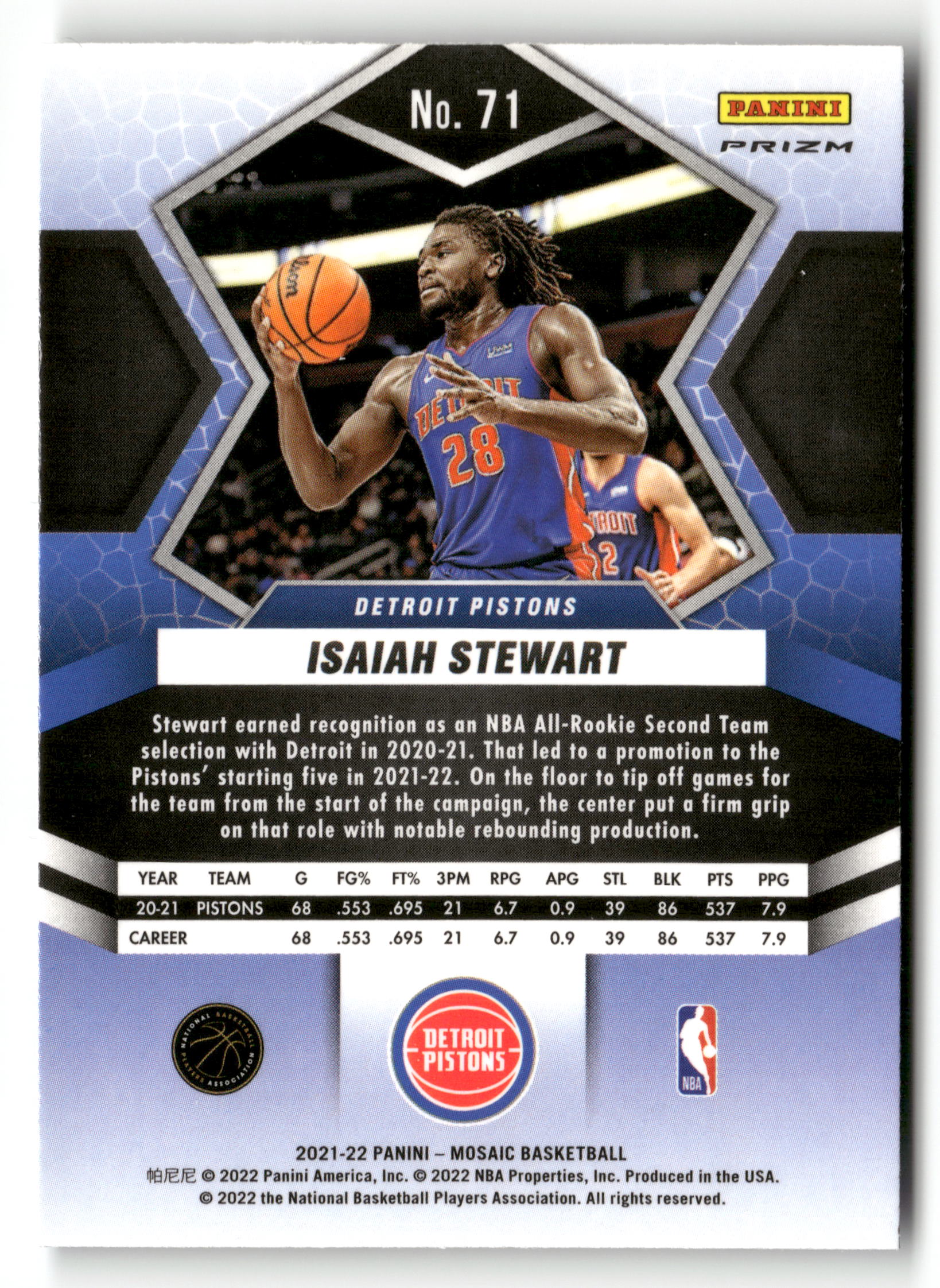2021-22 Panini Mosaic #71 Isaiah Stewart Genesis - Image 2