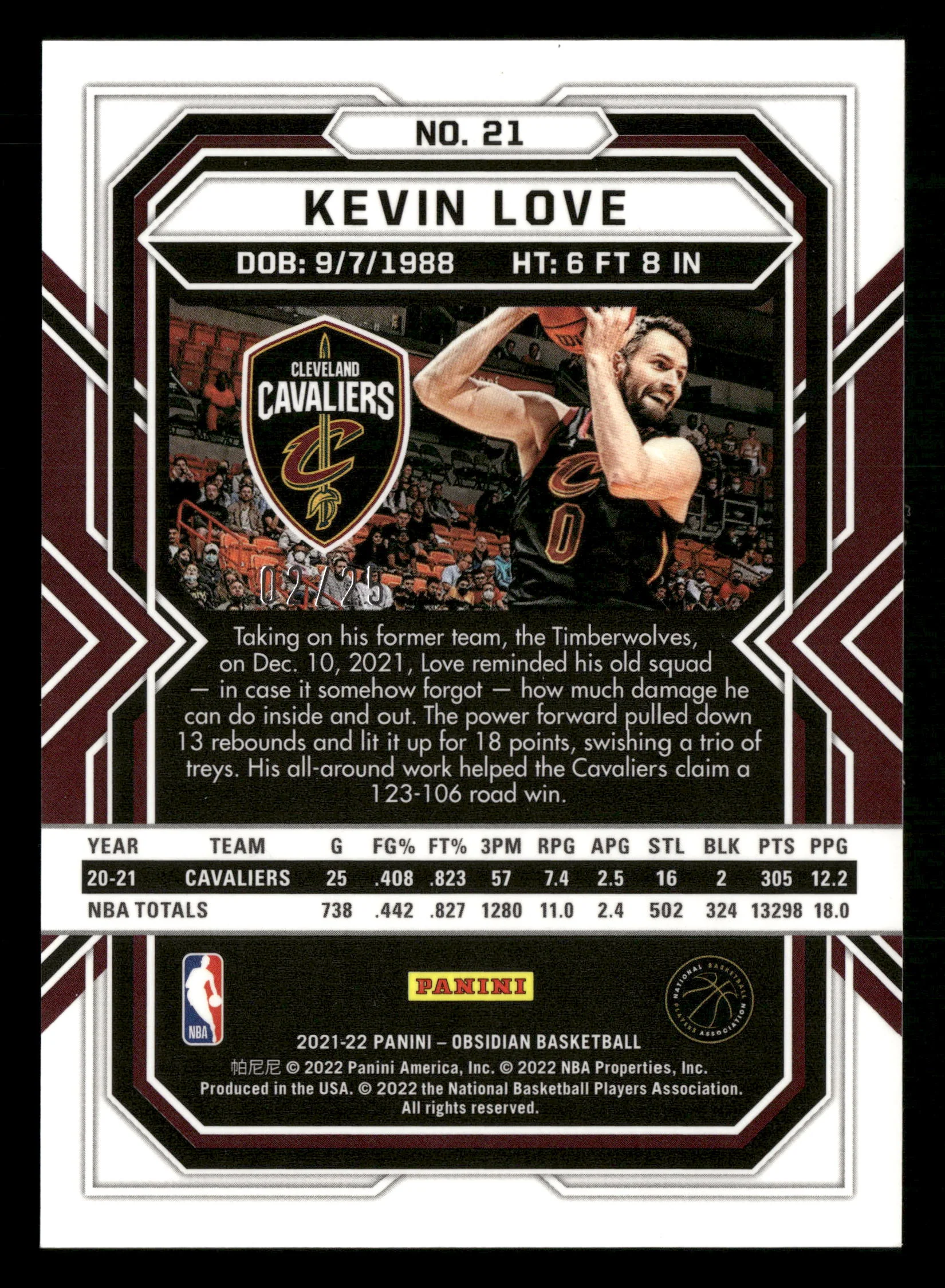 2021-22 Panini Obsidian #21 Kevin Love Electric Etch Green Flood #/25 - Image 2