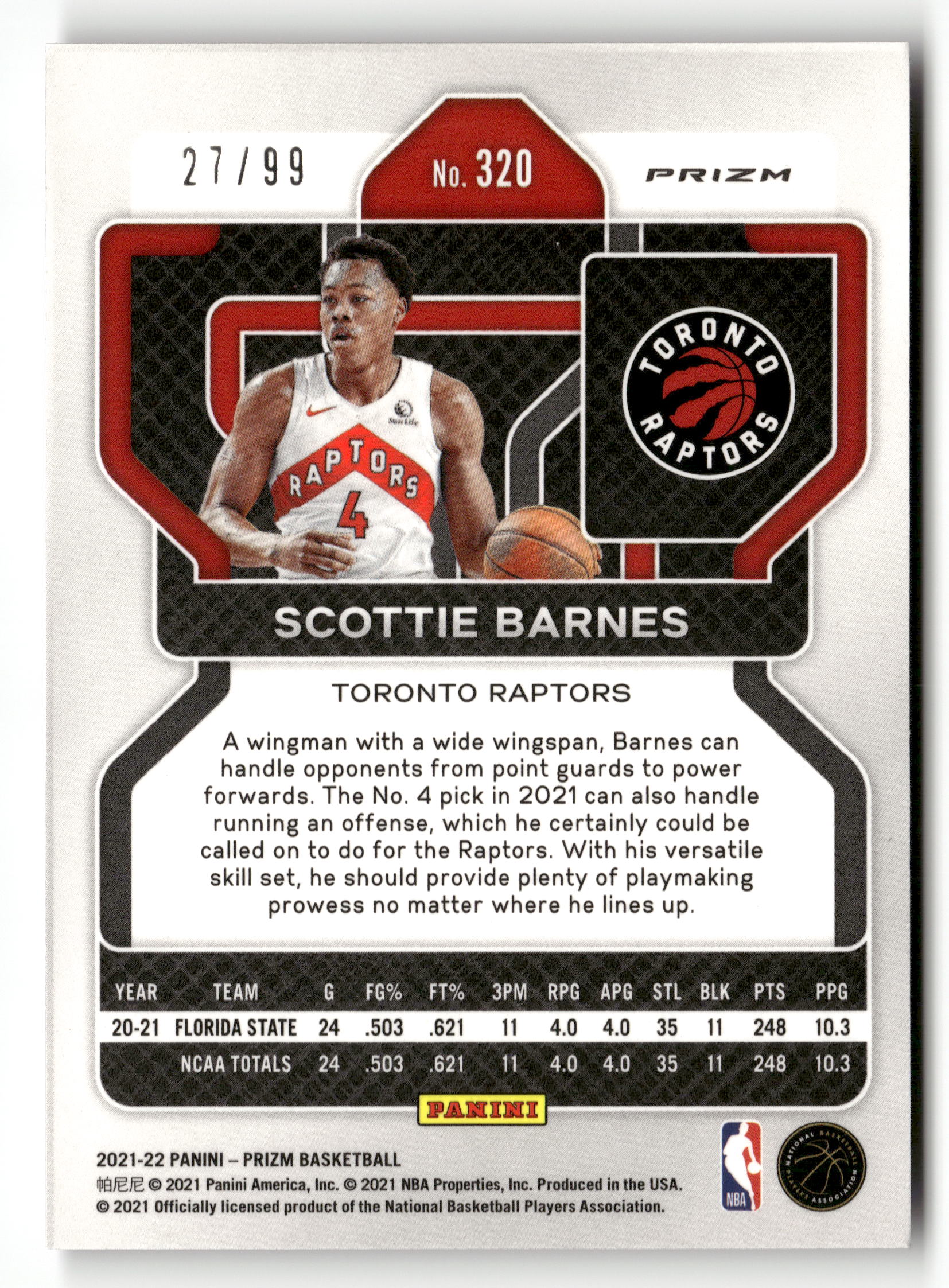 2021-22 Panini Prizm #320 Scottie Barnes Purple #/99 - Image 2