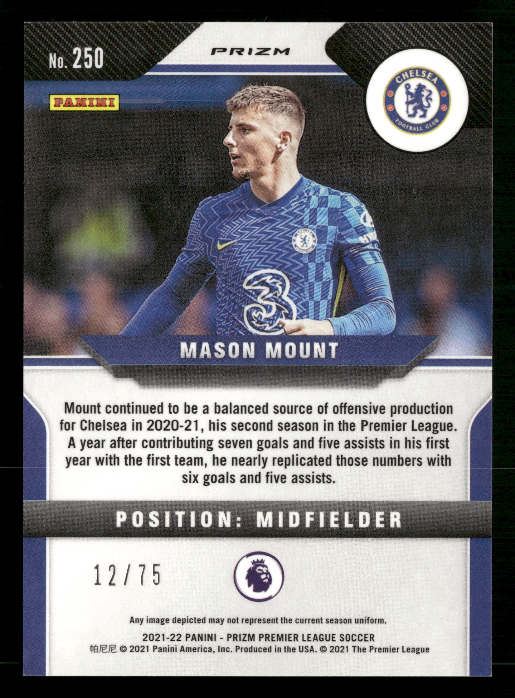 2021-22 Panini Prizm Premier League #250 Mason Mount Prizms Blue Ice #/75 - Image 2
