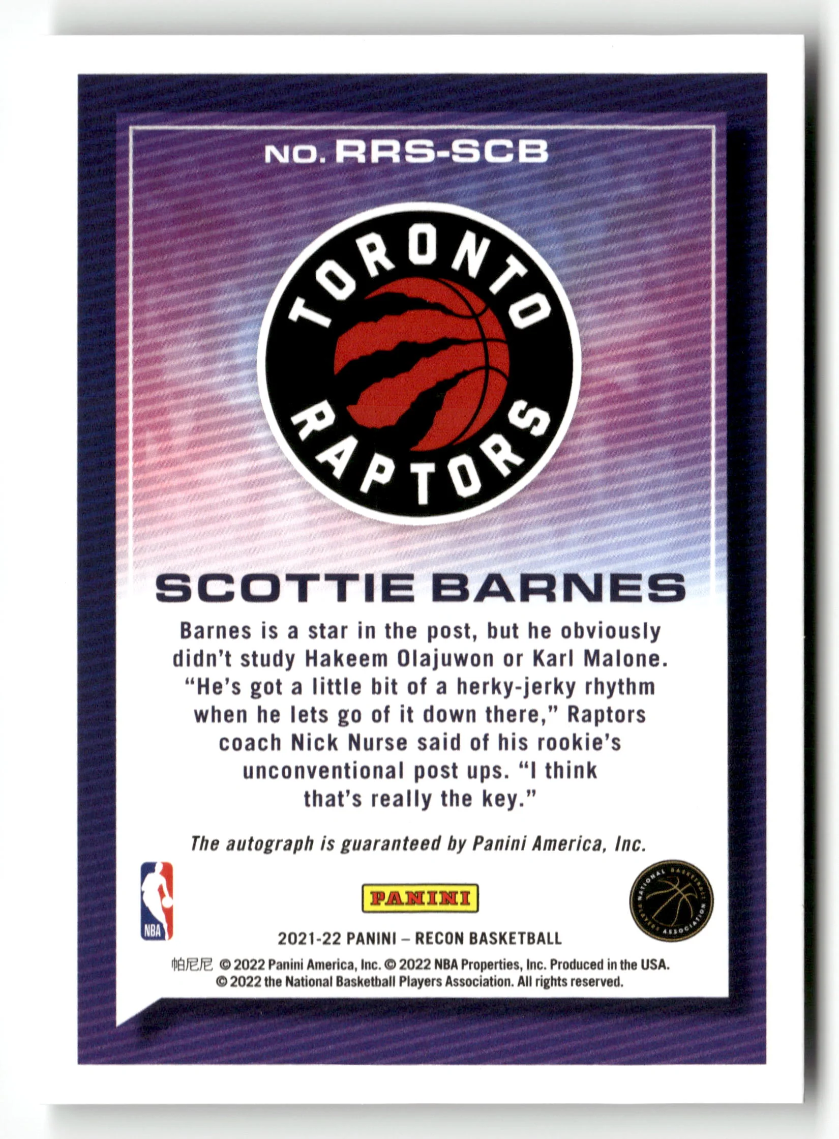 2021-22 Panini Recon #RRS-SCB Scottie Barnes Rookie Recon Signatures - Image 2