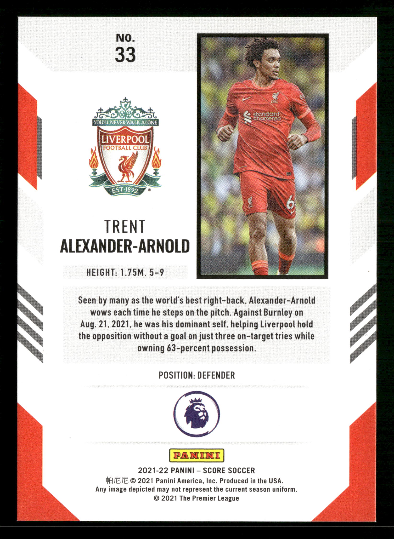2021-22 Score Premier League #33 Trent Alexander-Arnold Blue Lava #/49 - Image 2