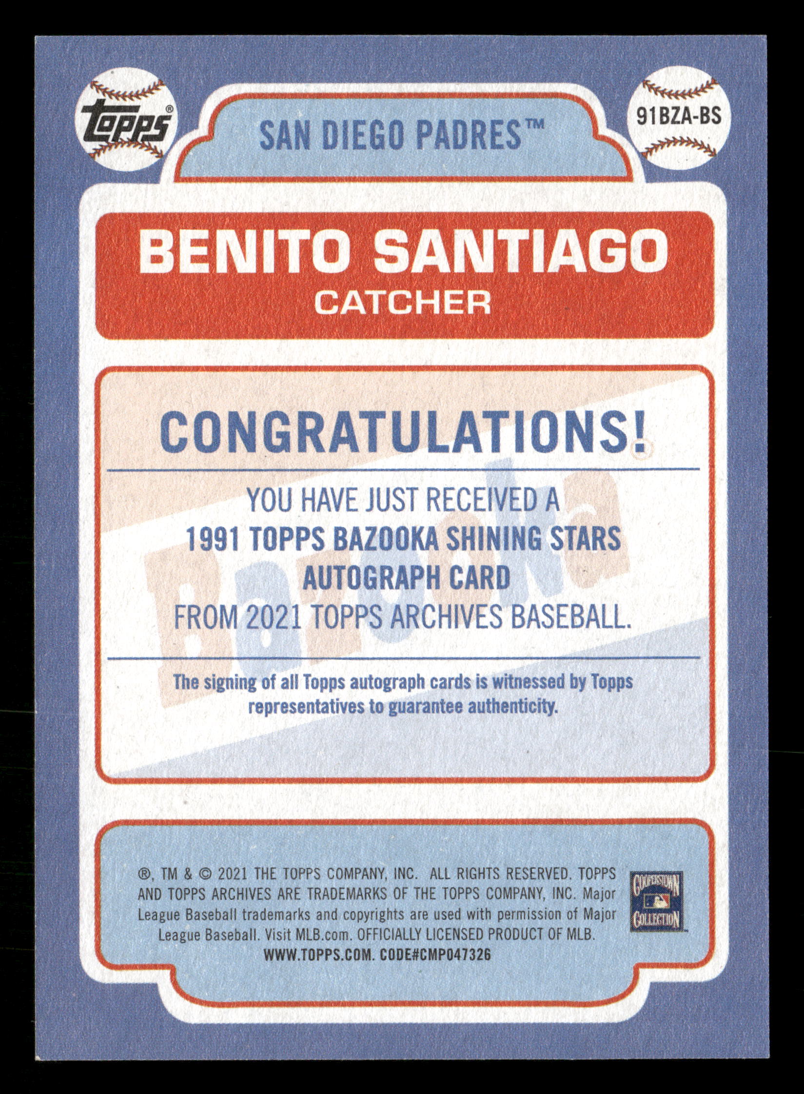 2021 Archives #91BZA-BS Benito Santiago Bazooka Shining Stars Autographs - Image 2