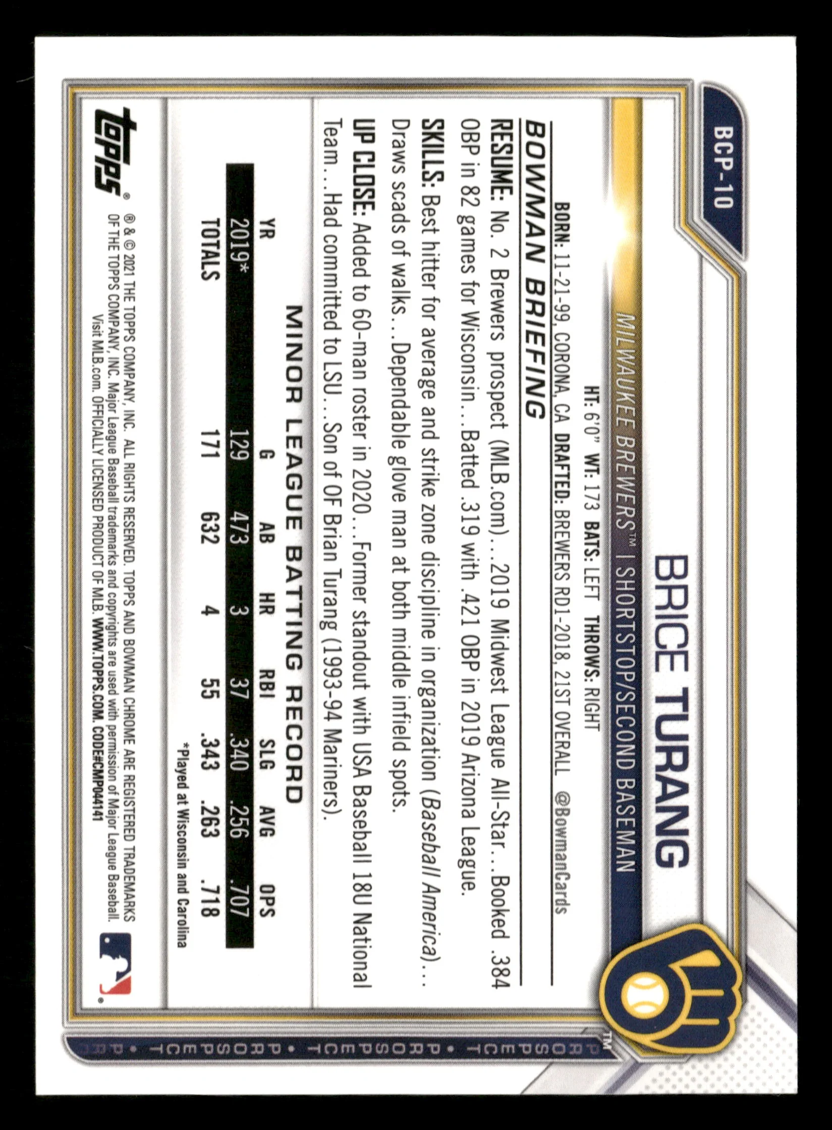 2021 Bowman #BCP-10 Brice Turang Chrome Prospects Orange Refractor #/25 - Image 2