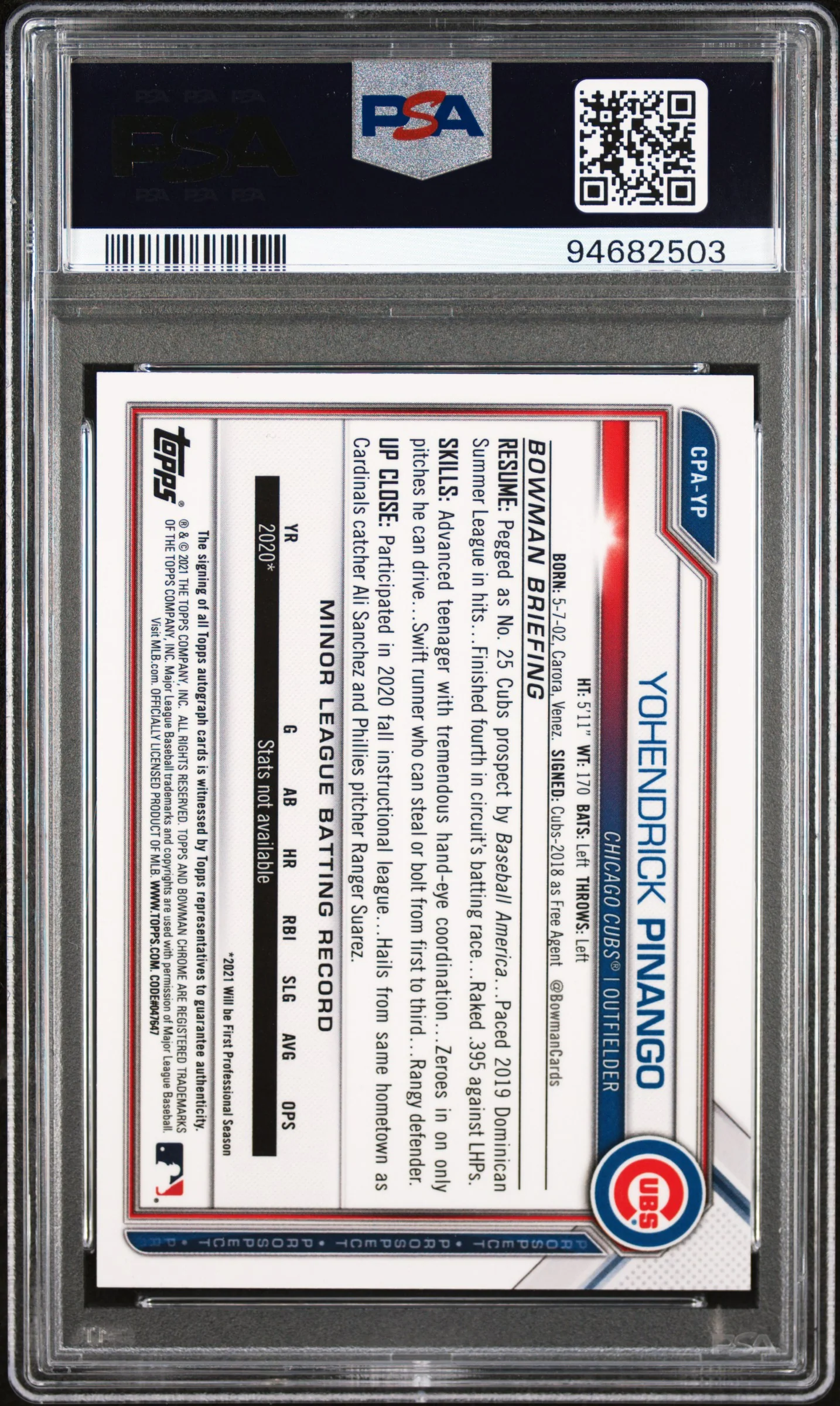 2021 Bowman Chrome  #CPAYP Yohendrick Pinango Prospect Autographs PSA 10 - Image 2
