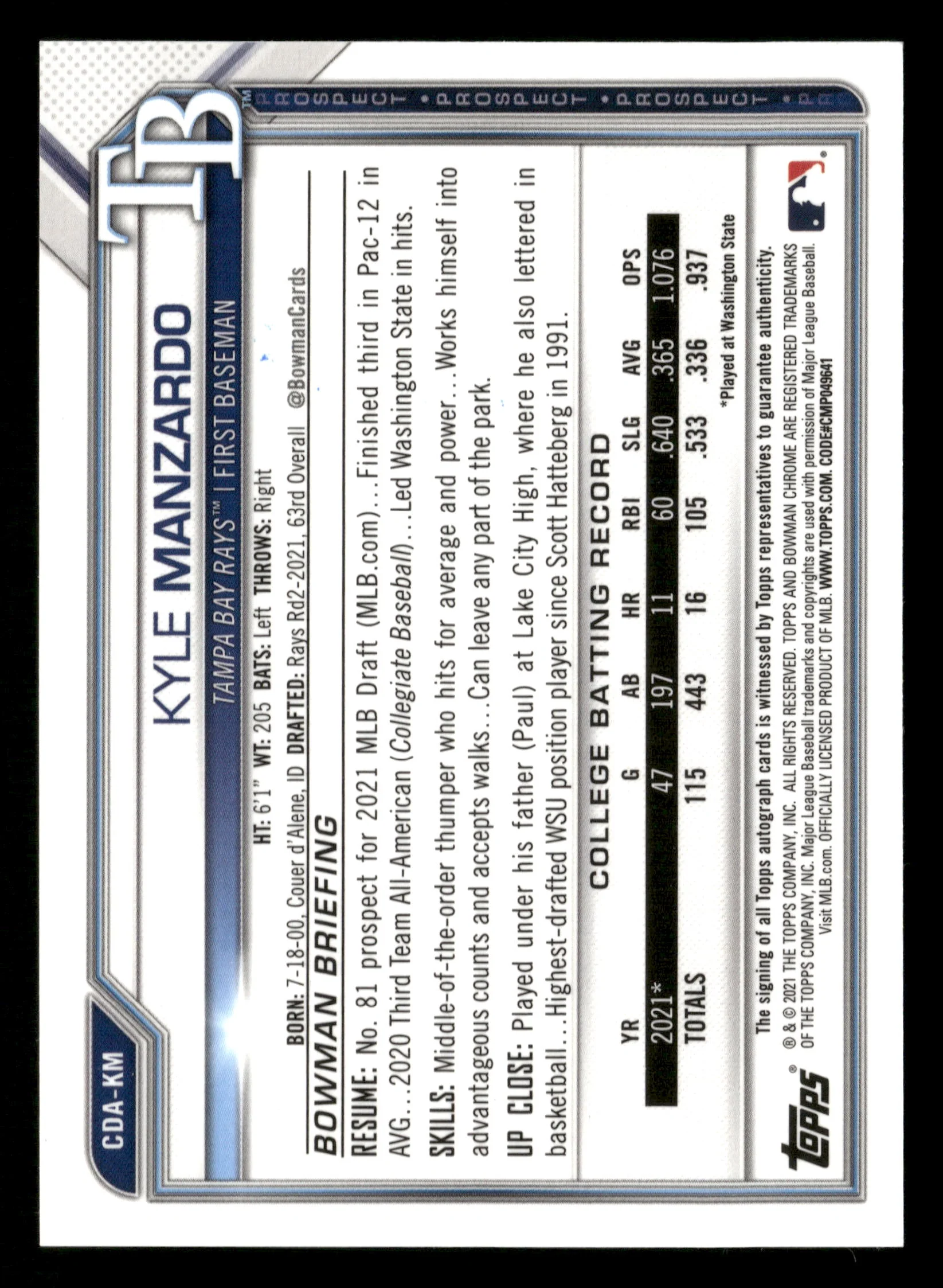 2021 Bowman Draft #CDA-KM Kyle Manzardo Chrome Draft Pick Autographs - Image 2