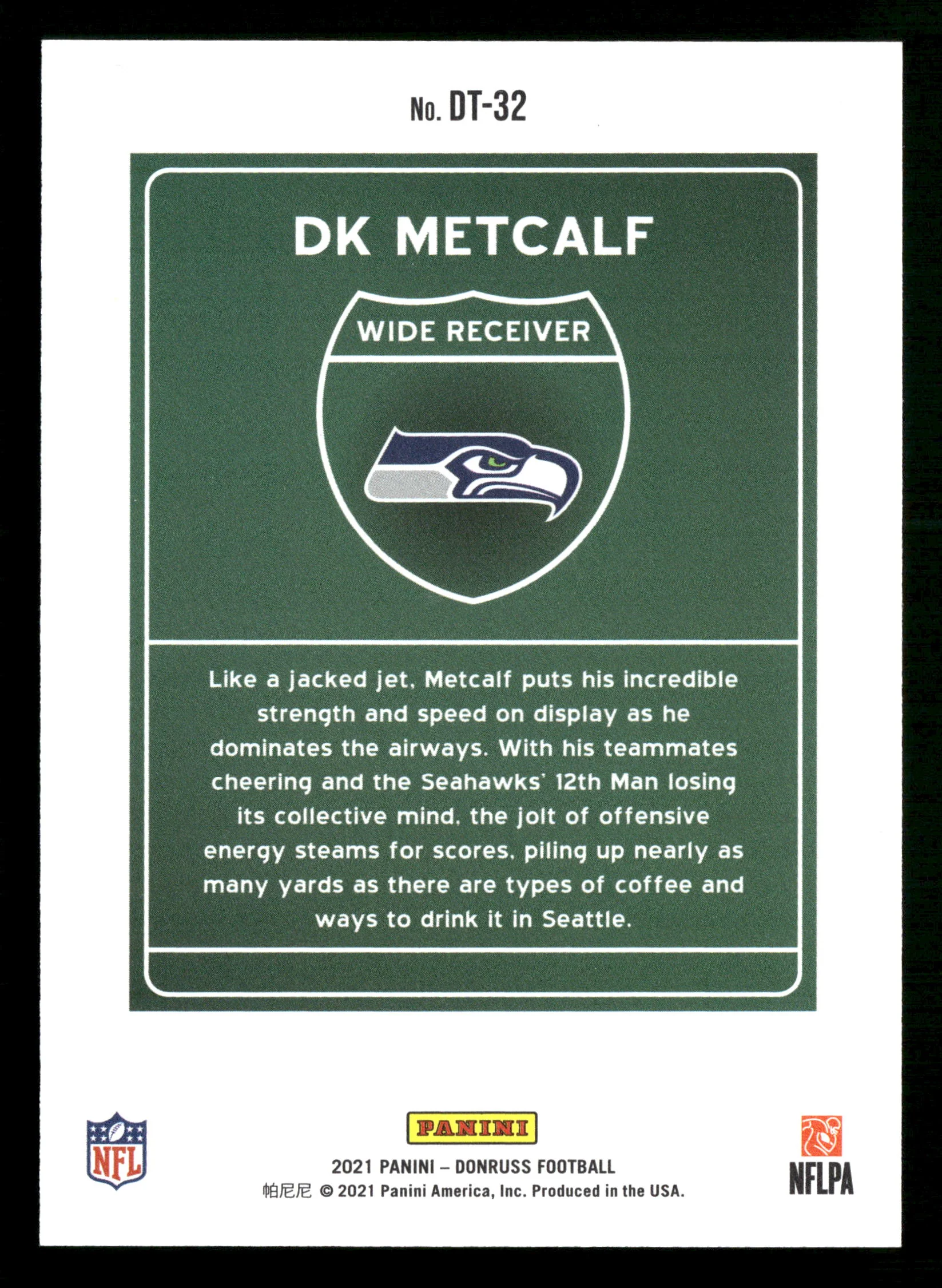 2021 Donruss #DT-32 DK Metcalf Downtown - Image 4