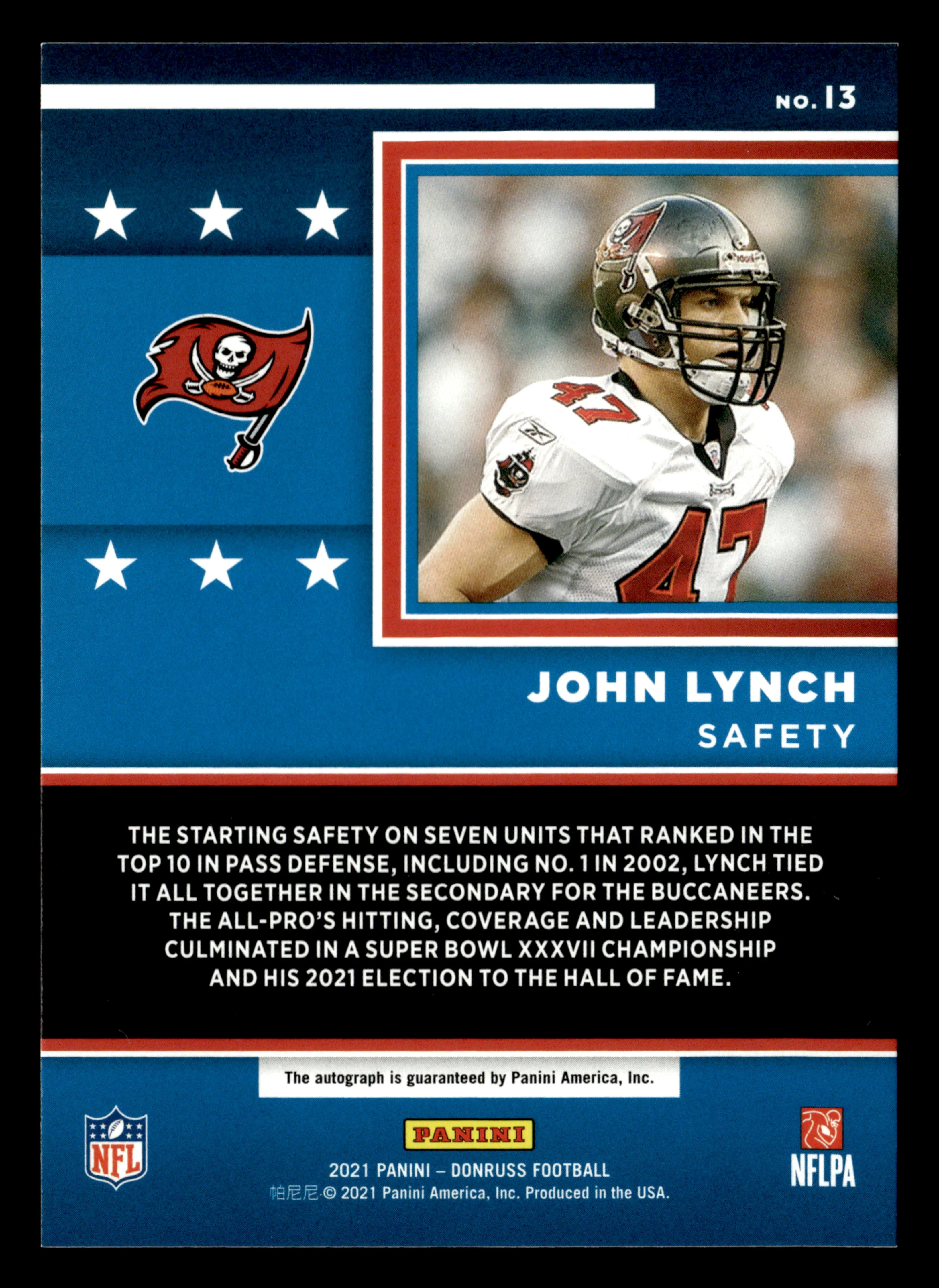 2021 Donruss #I3 John Lynch Inducted Autographs #/49 - Image 2