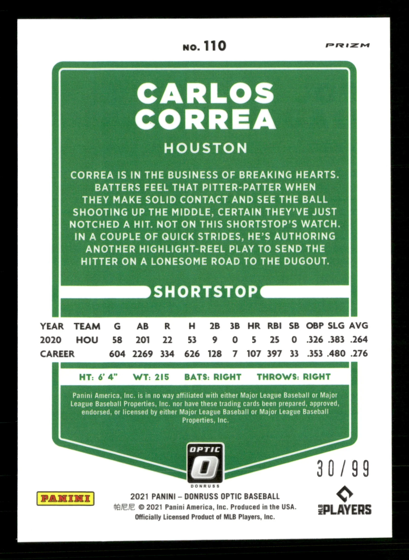 2021 Donruss Optic #110 Carlos Correa Pandora #/99 - Image 2