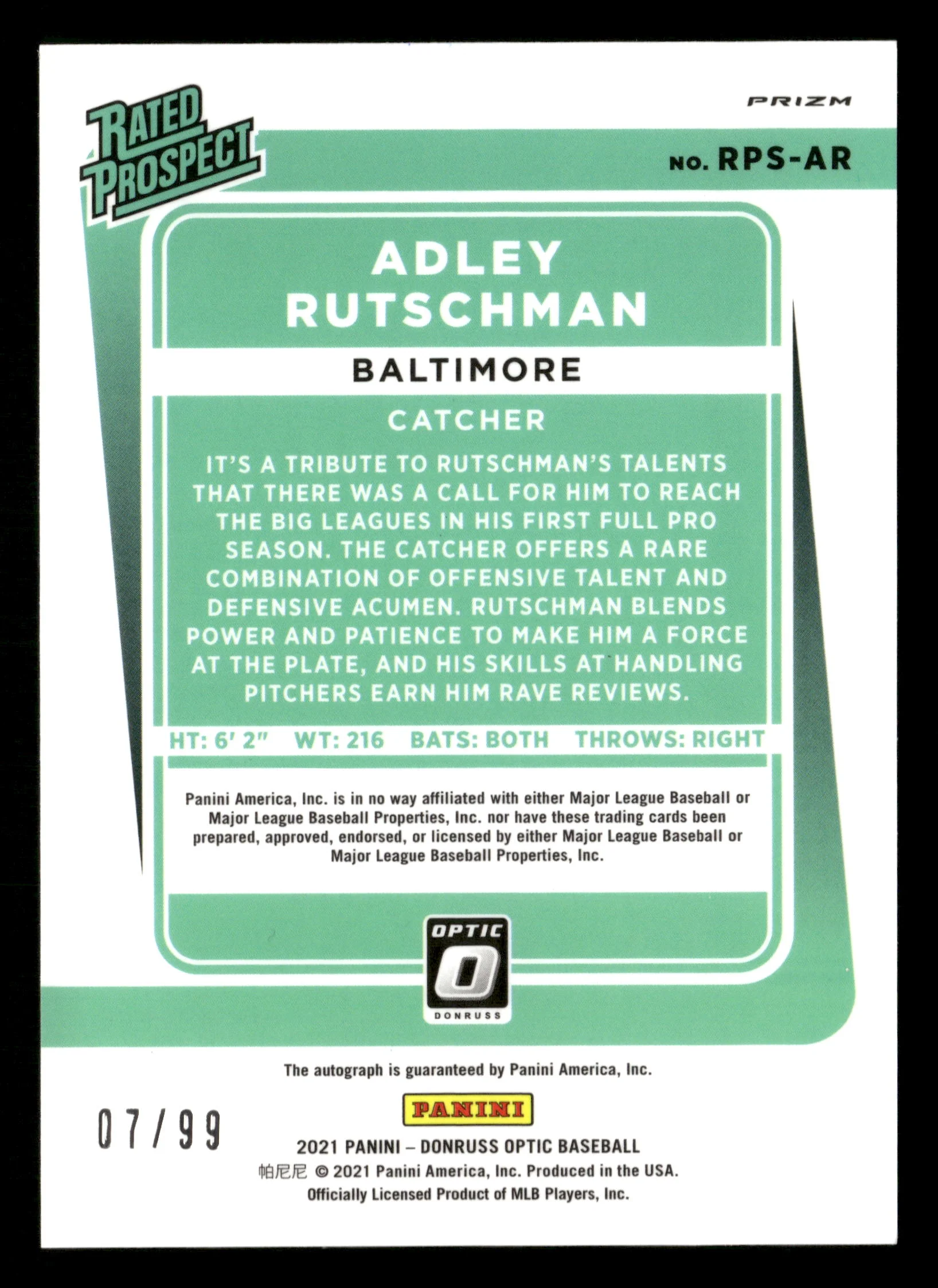 2021 Donruss Optic #RPS-AR Adley Rutschman Rated Prospect Auto Red Mojo #/99 - Image 2