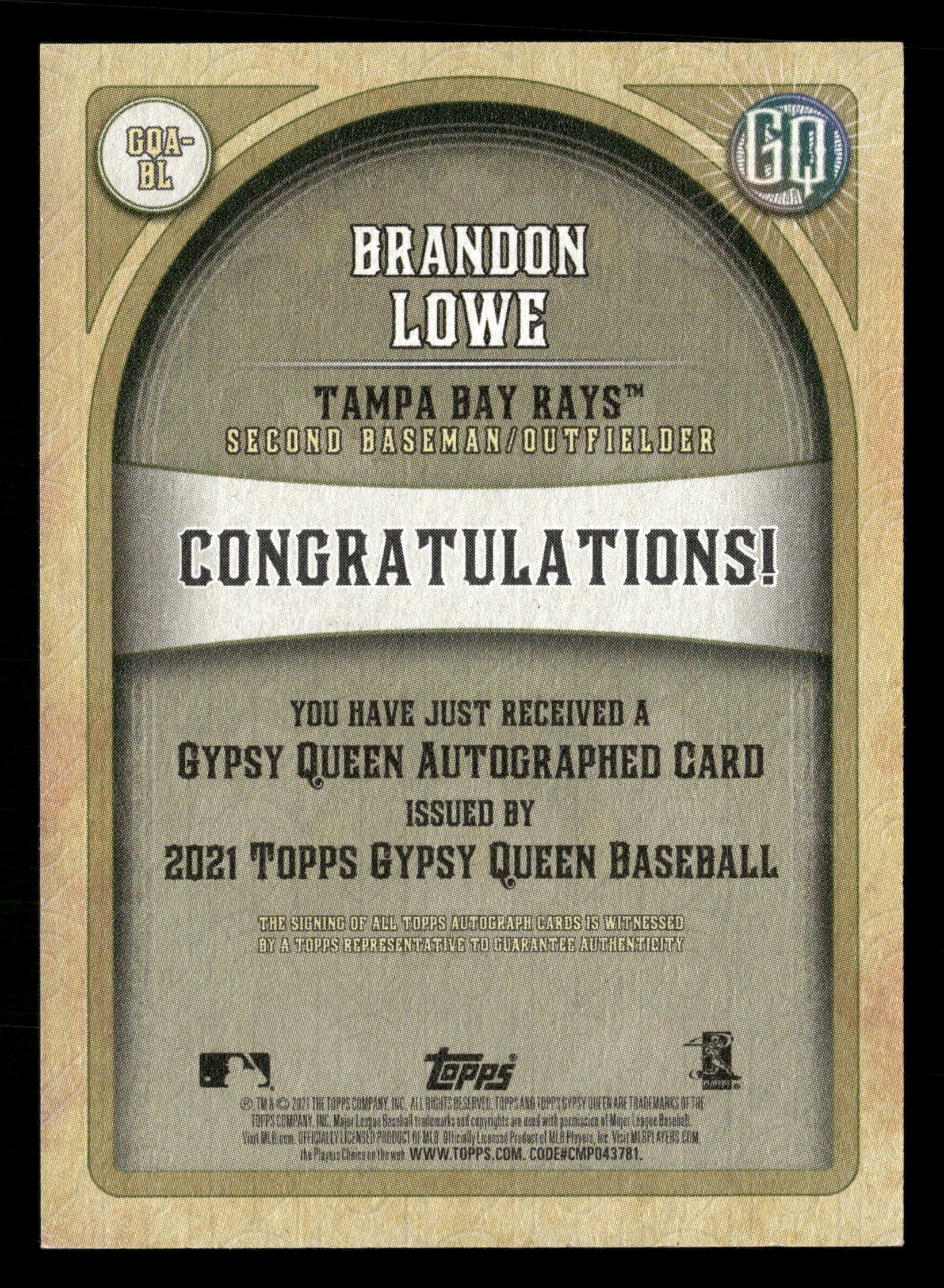 2021 Topps Gypsy Queen #GQA-BL Brandon Lowe Autographs - Image 2