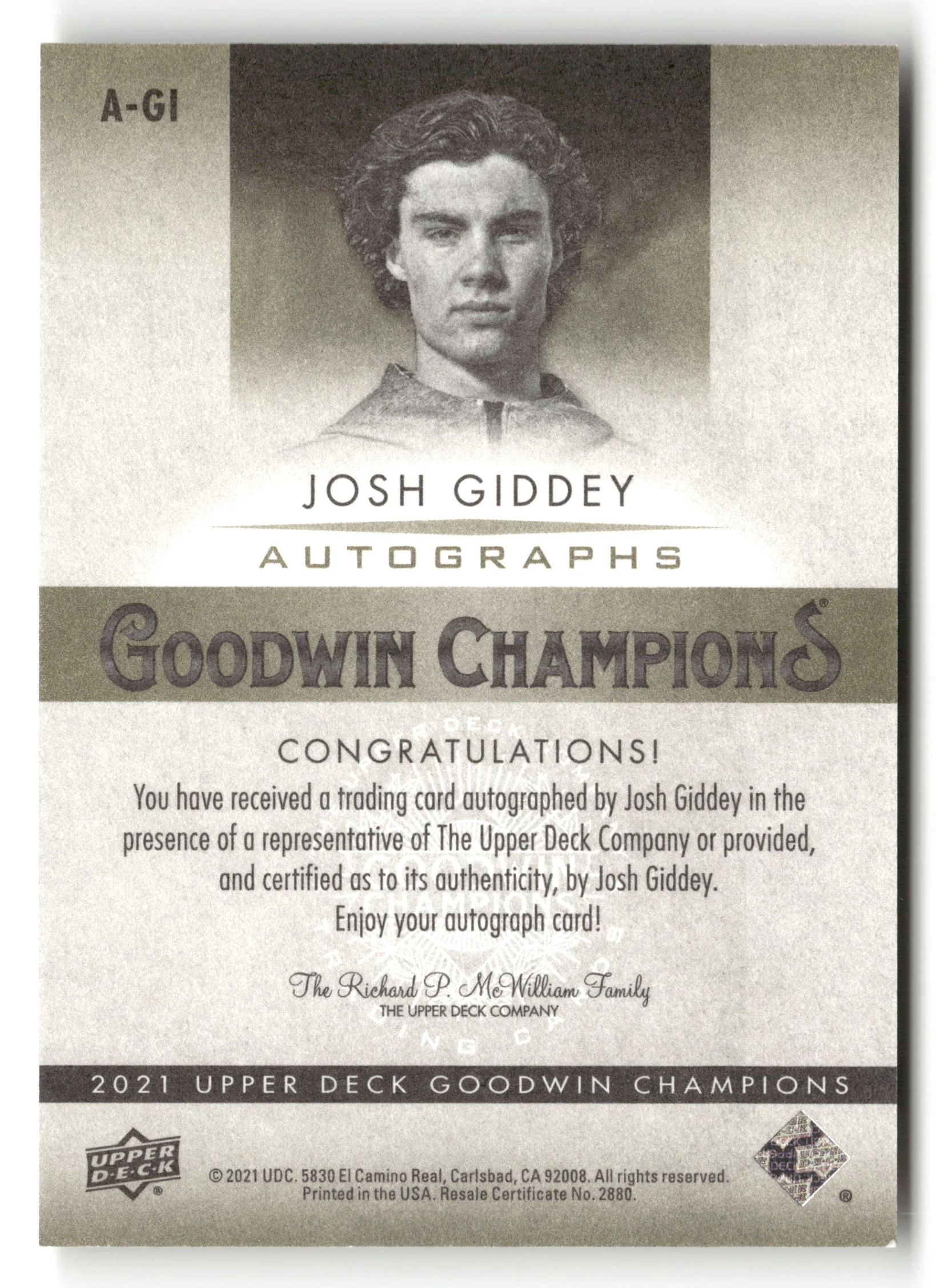 2021 Upper Deck Goodwin Champions A-GI Josh Giddey Autograph - Image 2