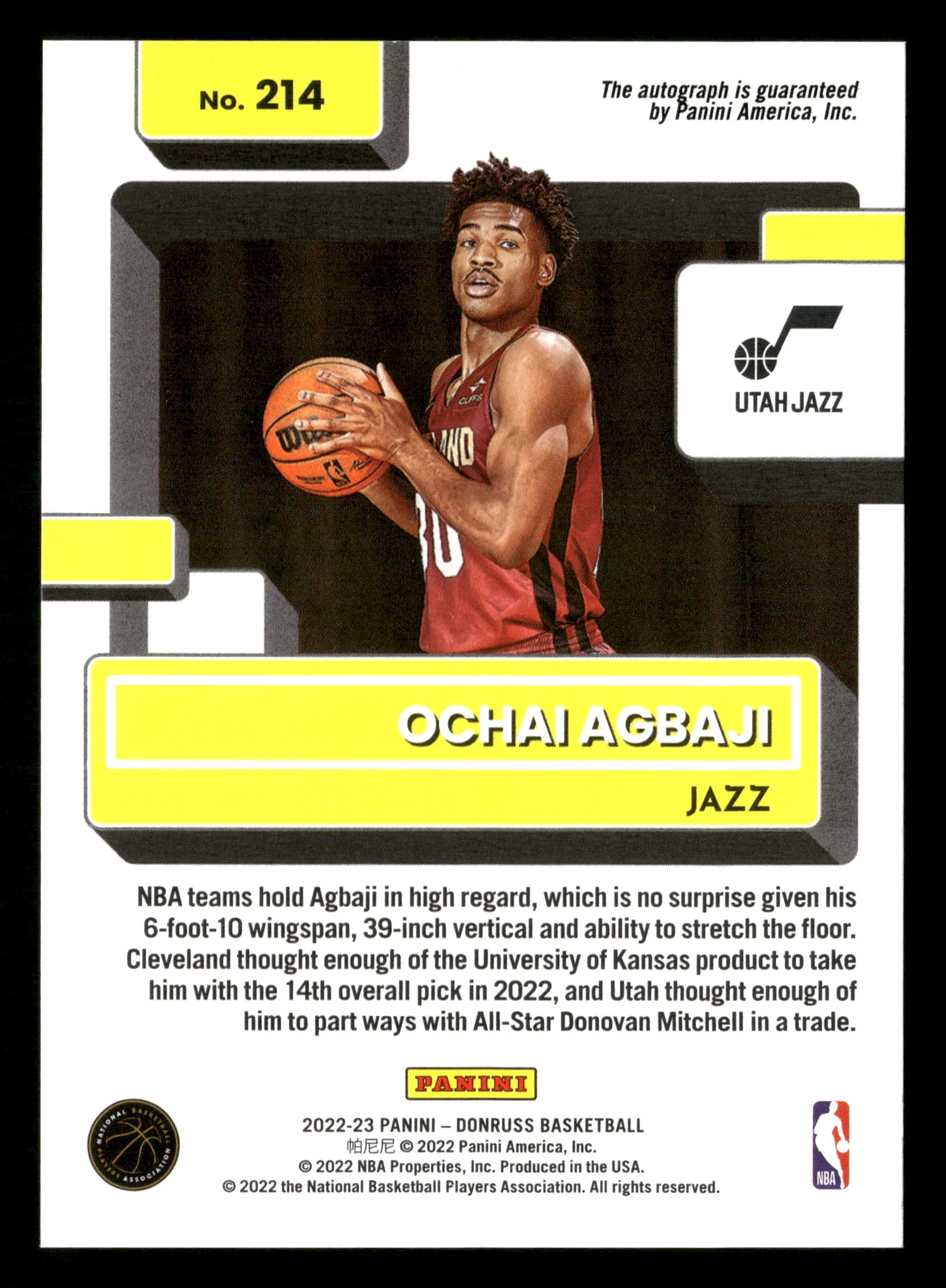 2022-23 Donruss #214 Ochai Agbaji Holo Laser Red/Gold RC Auto - Image 2