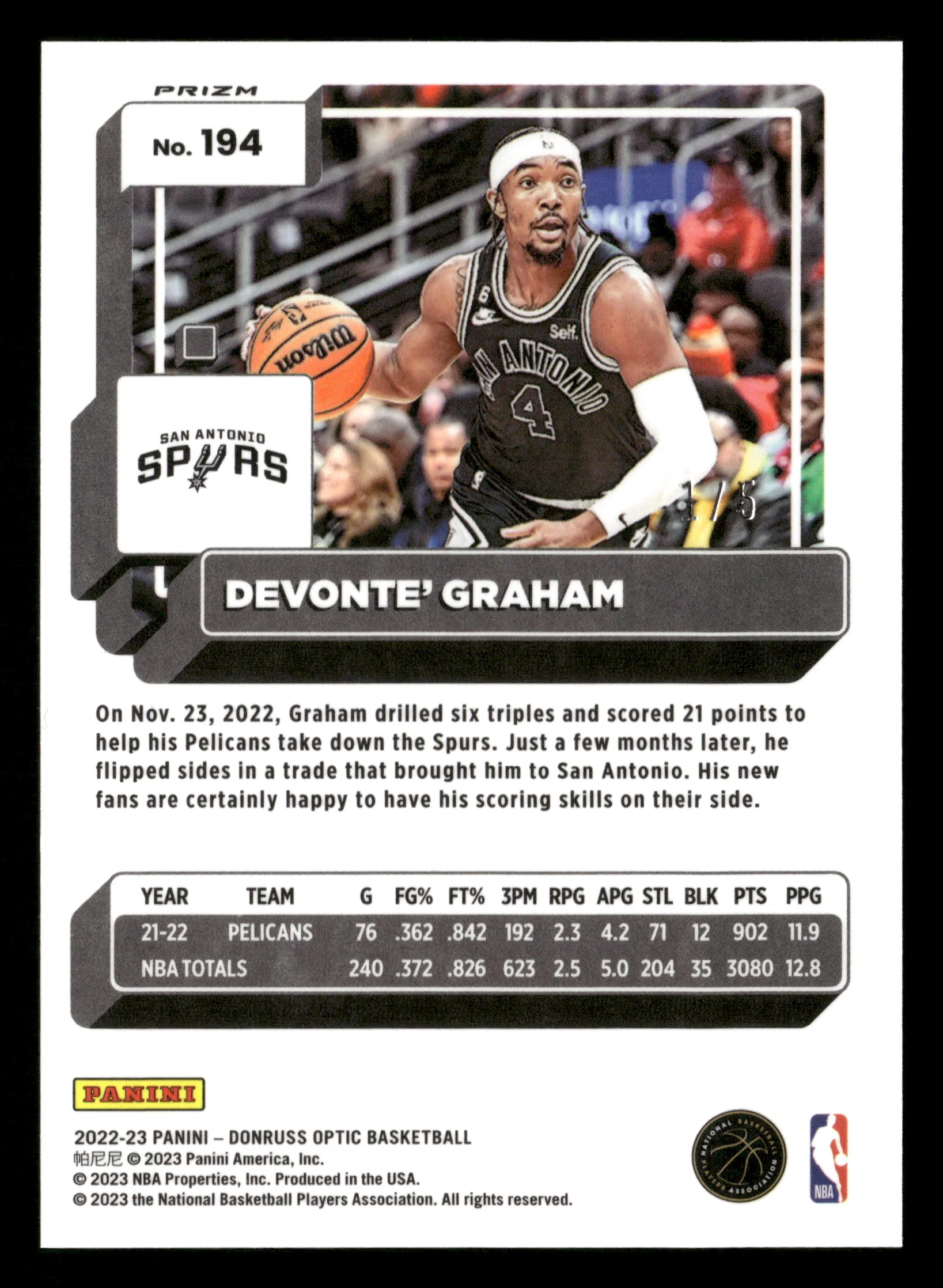 2022-23 Donruss Optic #194 Devonte' Graham Green #/5 - Image 4