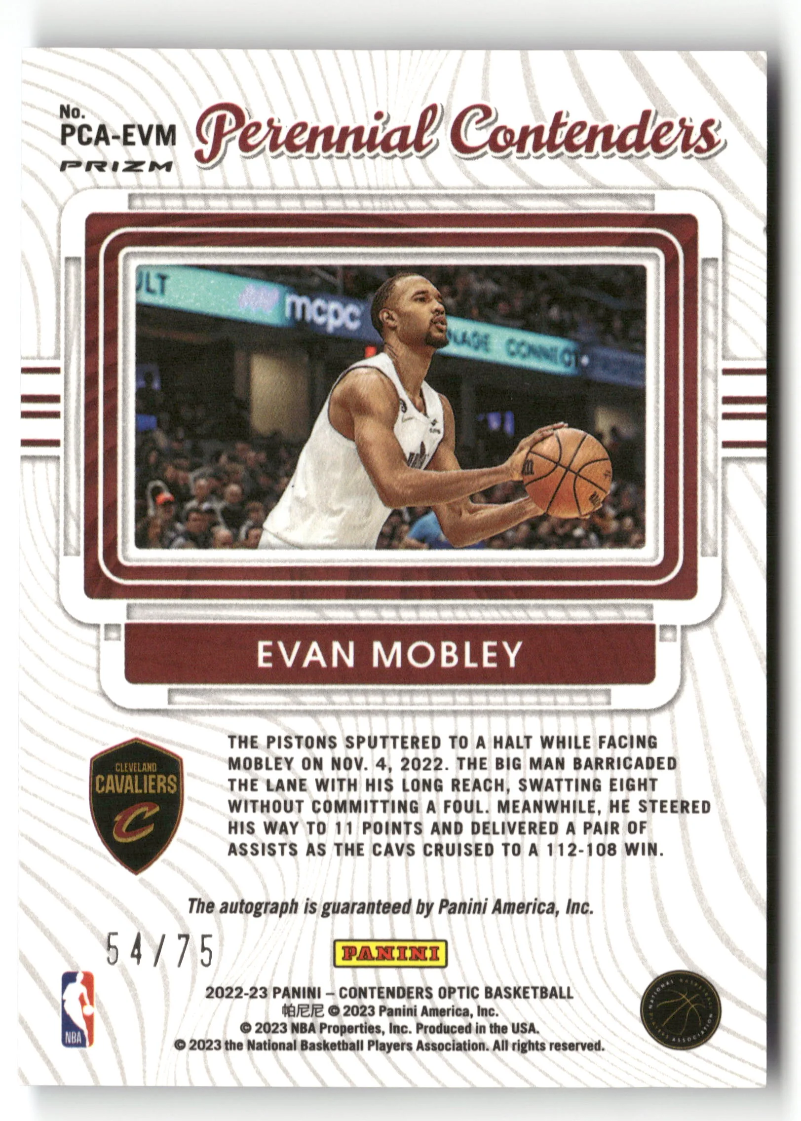 2022/23 Panini Contenders Optic PCA-EVM Evan Mobley Perenial Contenders Auto Blue /75 - Image 2