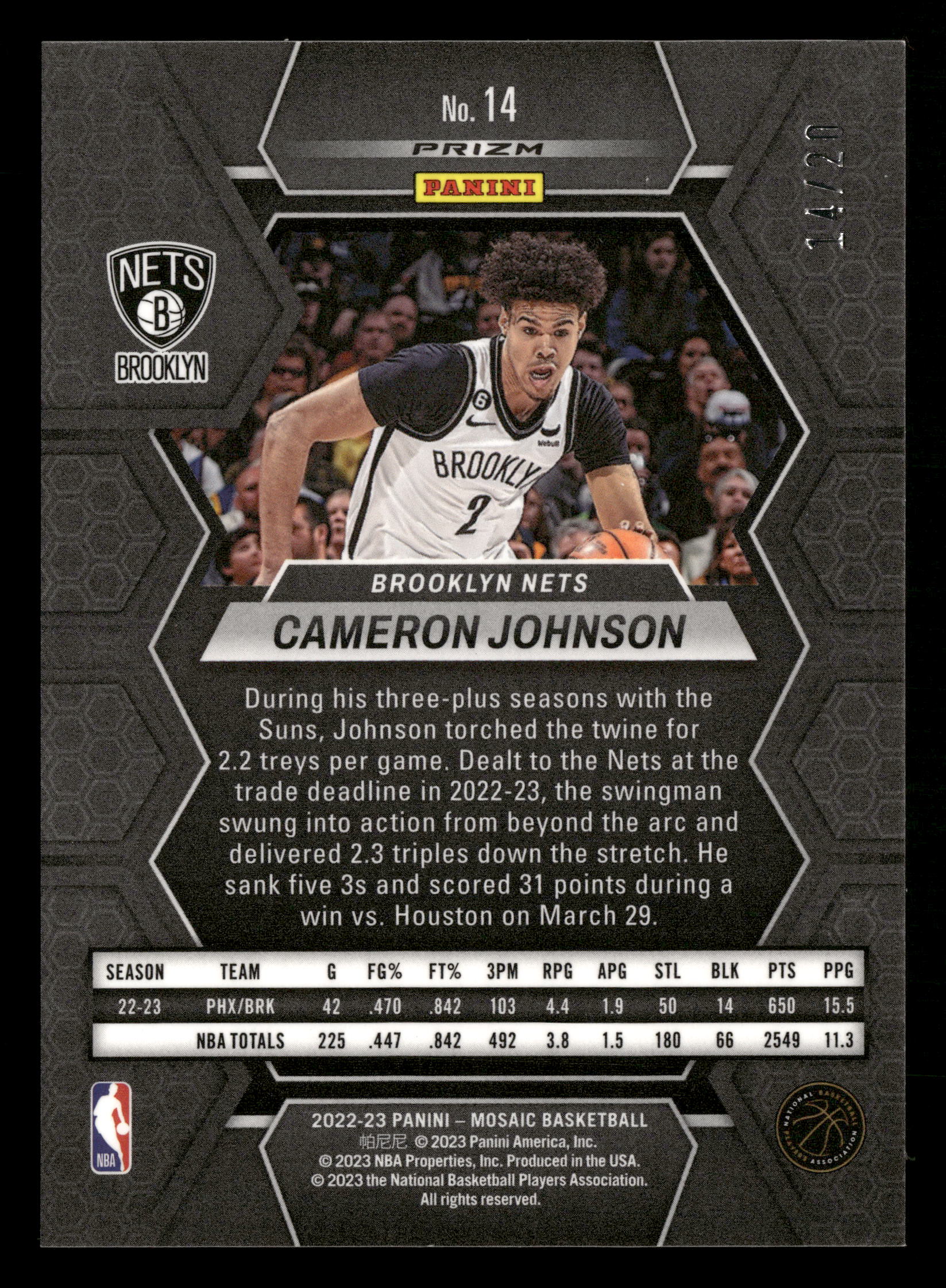 2022-23 Panini Mosaic #14 Cameron Johnson Pink Swirl FOTL #/20 - Image 4