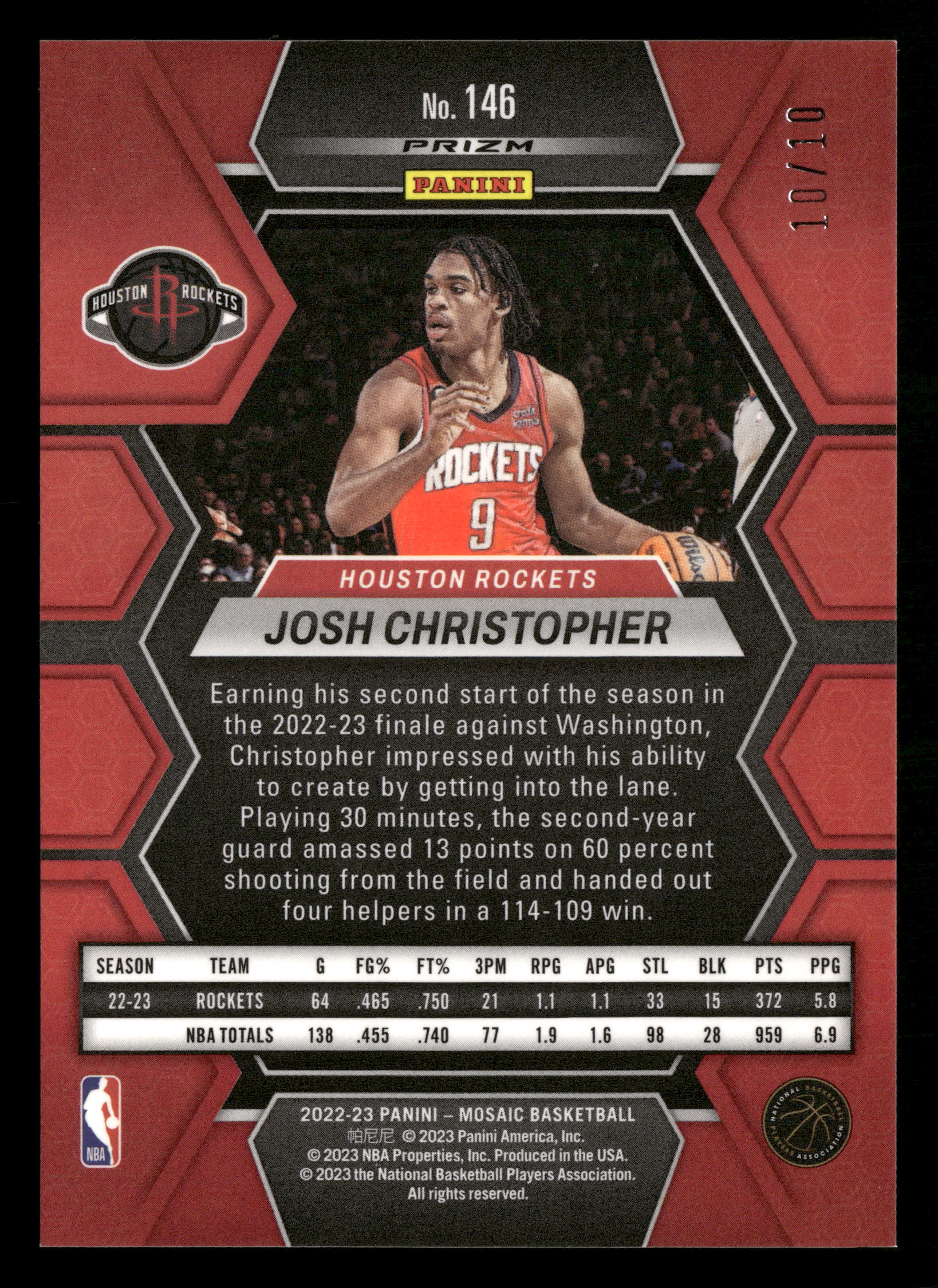 2022-23 Panini Mosaic #146 Josh Christopher Fast Break Gold #/10 - Image 4