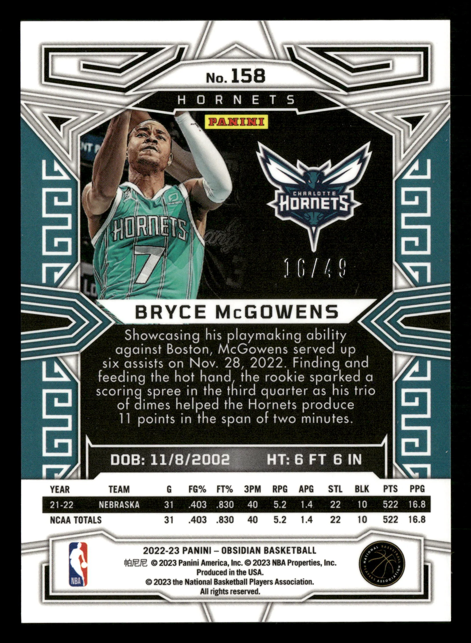 2022-23 Panini Obsidian #158 Bryce McGowens Electric Etch Purple Flood #/49 - Image 2