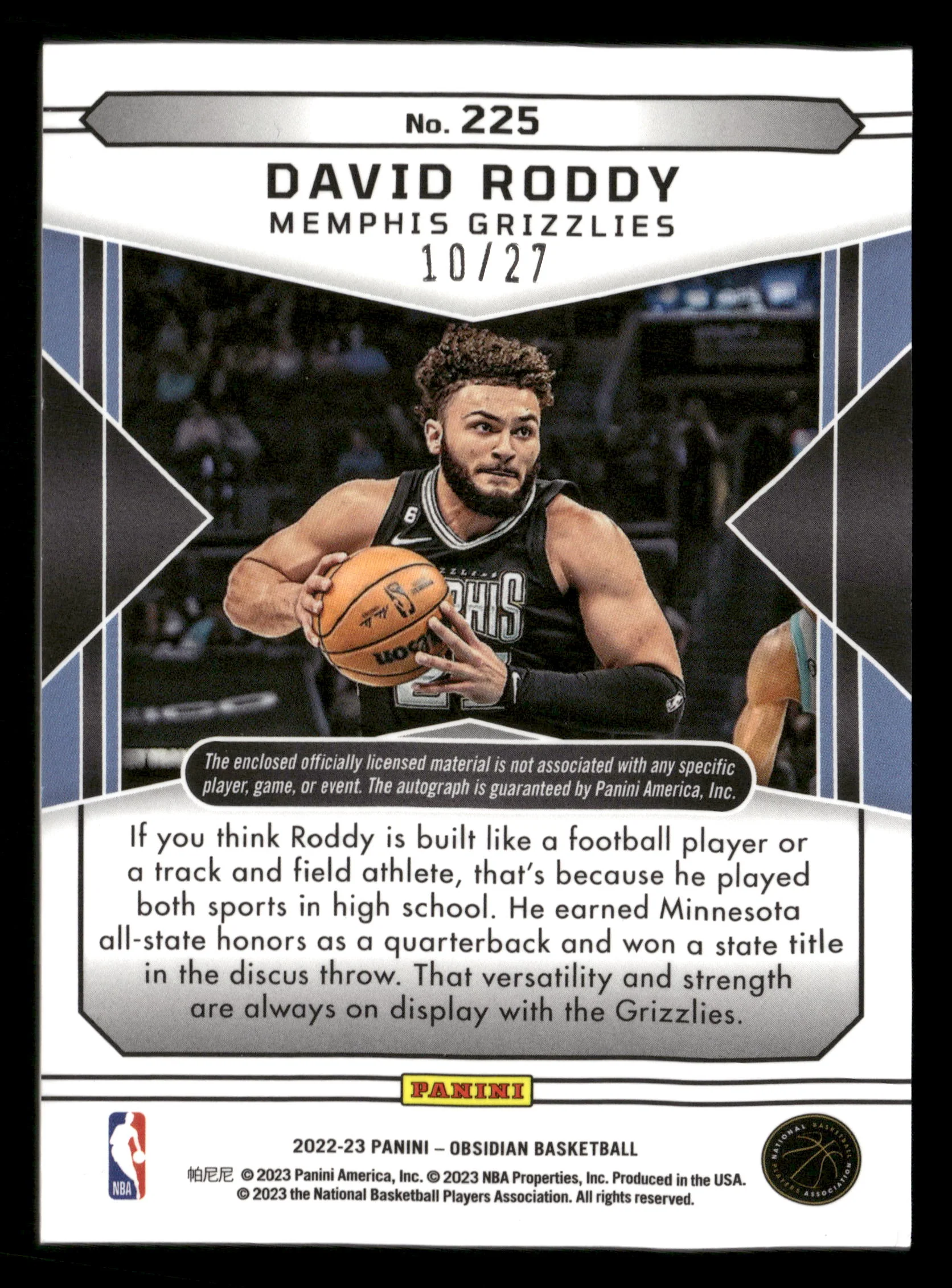 2022-23 Panini Obsidian #225 David Roddy Electric Etch Blue Flood FOTL #/27 - Image 2