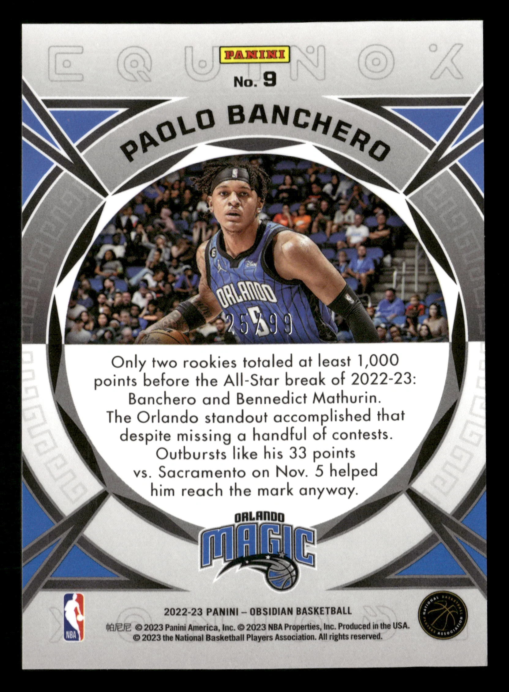 2022-23 Panini Obsidian Basketball No.9 Paolo Banchero /99 - Image 2