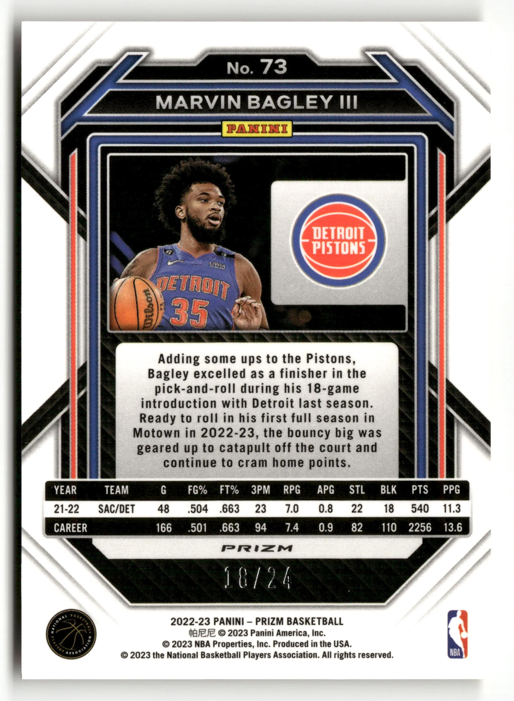 2022-23 Panini Prizm #73 Marvin Bagley III Prizms Gold Sparkle #/24 - Image 2