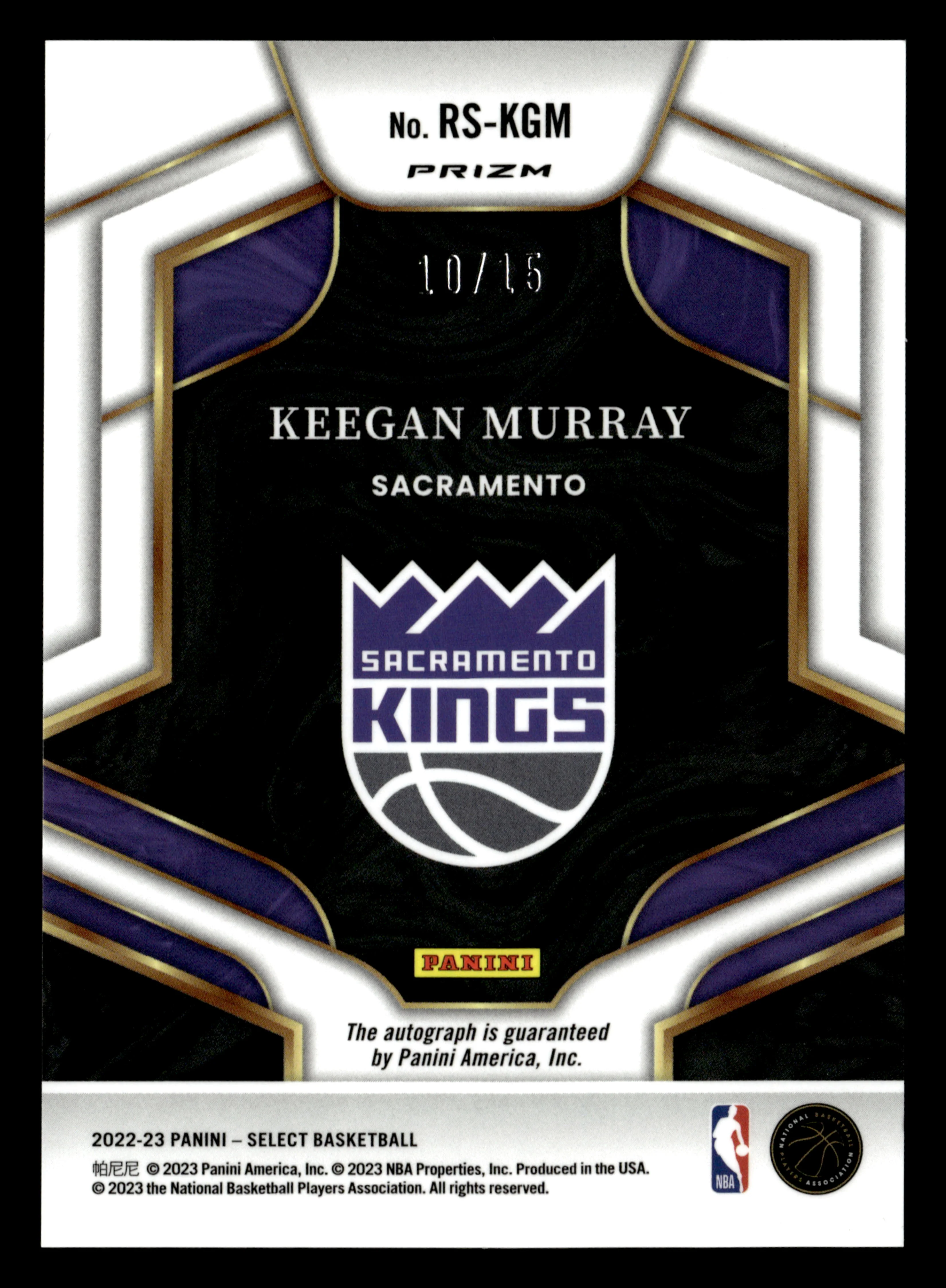 2022-23 Panini Select #RS-KGM Keegan Murray RC Auto Purple Pulsar FOTL /15 - Image 2