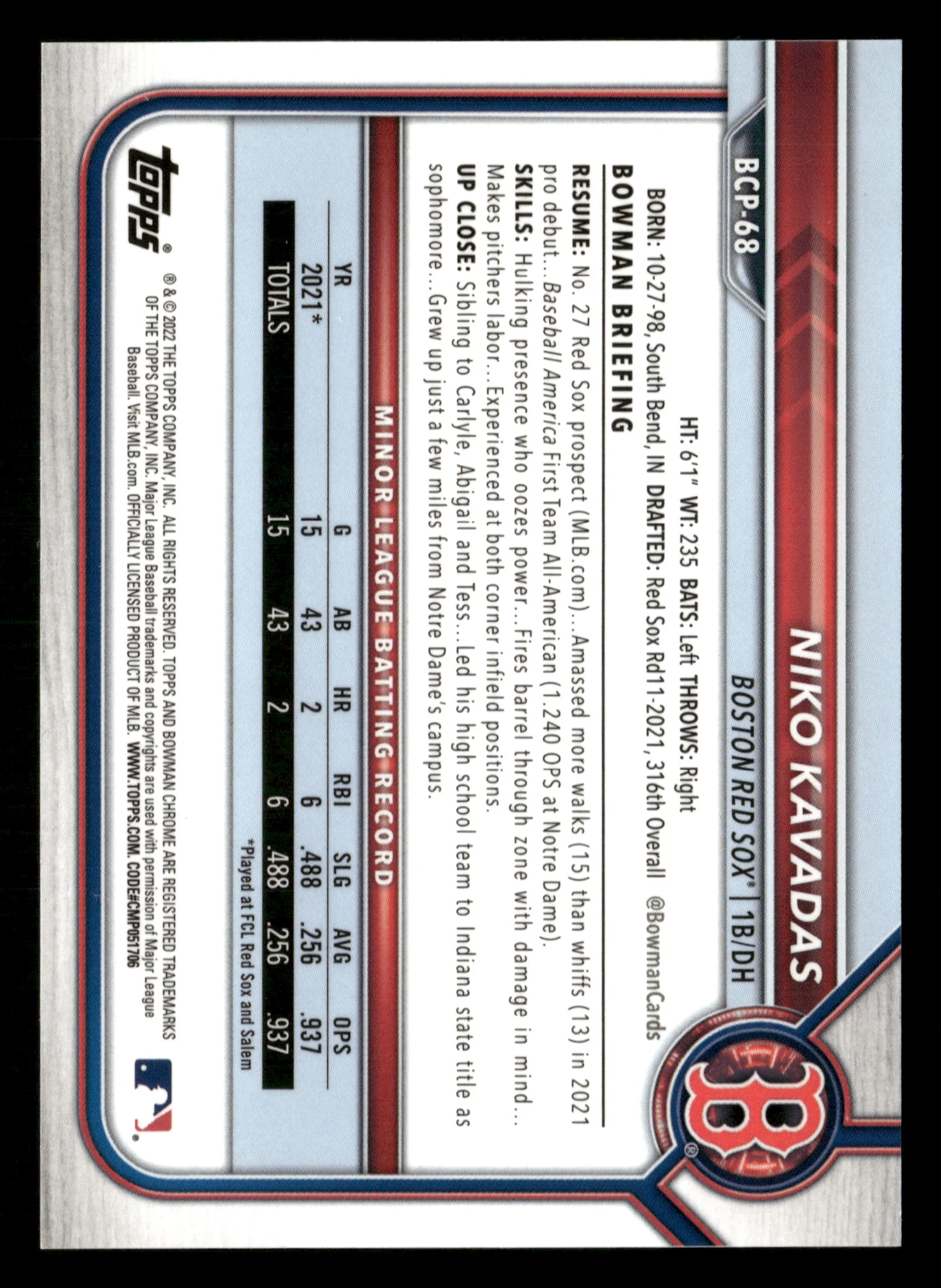 2022 Bowman #BCP-68 Niko Kavadas Chrome Prospects Aqua Refractors #/125 - Image 2