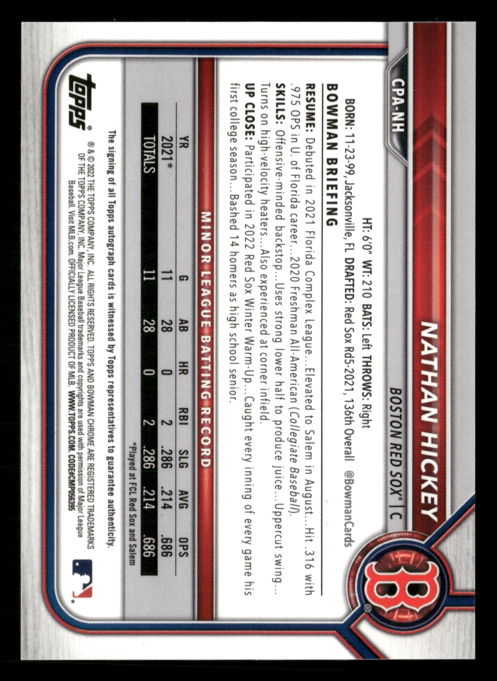 2022 Bowman Chrome #CPA-NH Nathan Hickey Prospect Auto Purple #/250 - Image 2