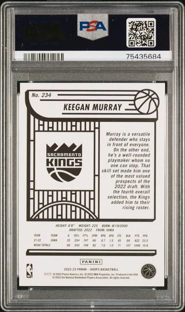 2022 Hoops #234 Keegan Murray Orange Explosion RC #/25 PSA 9 - Image 2