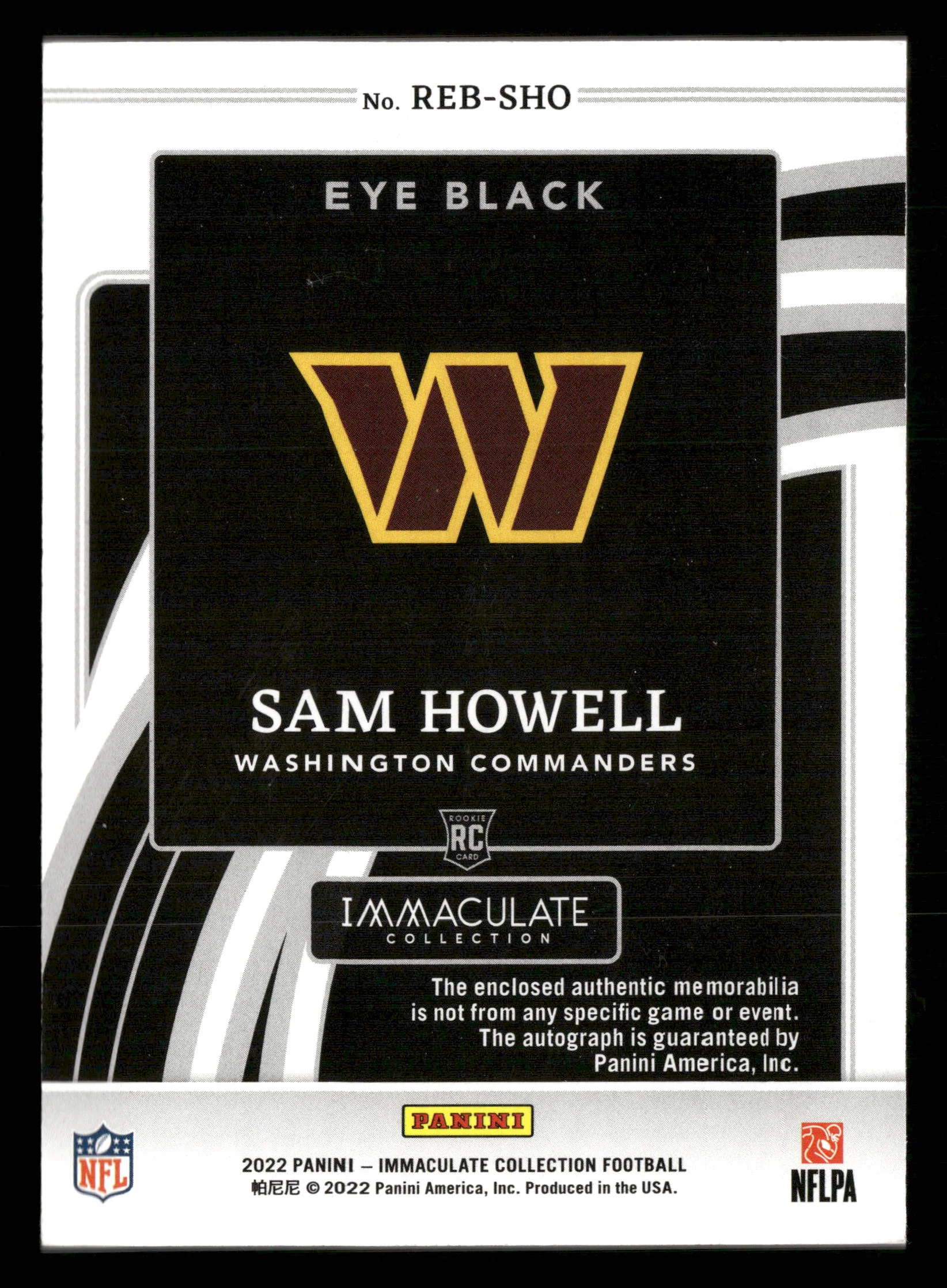 2022 Immaculate #REB-SHO Sam Howell Rookie Eye Black RPA #/99 - Image 2