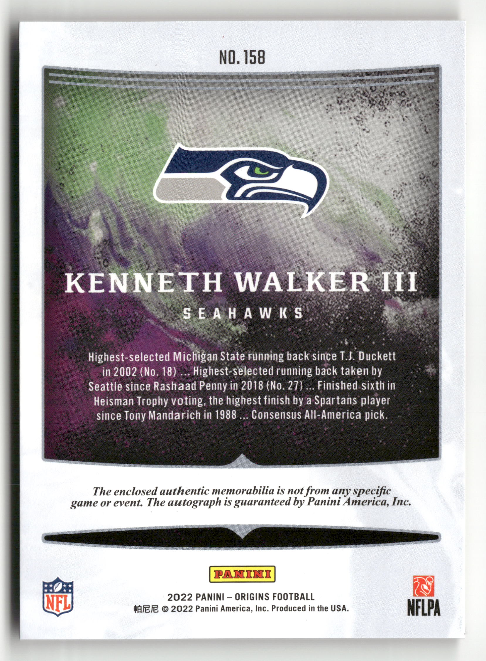 2022 Origins #158 Kenneth Walker III Rookie Patch Auto #/99 - Image 2