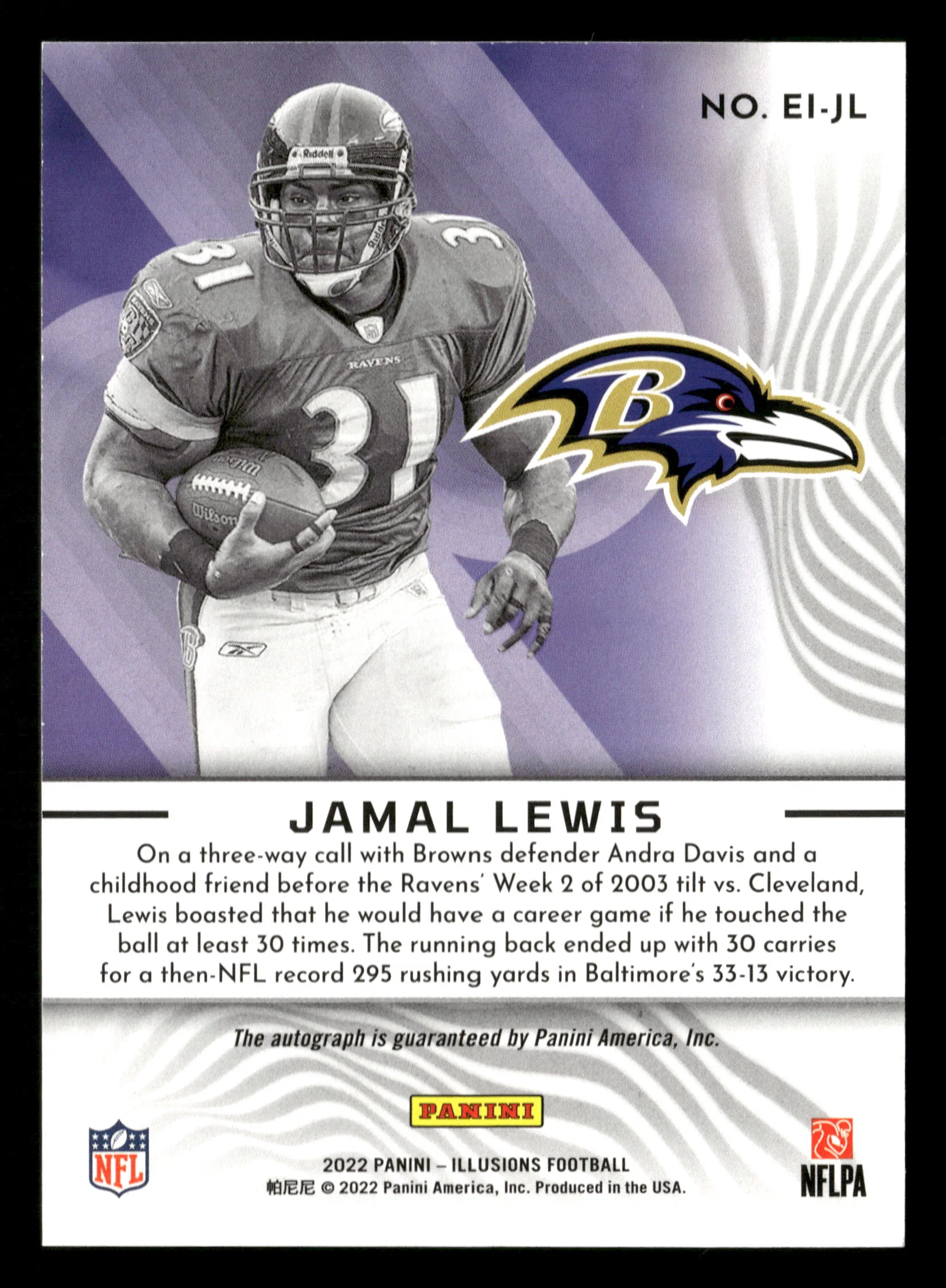 2022 Panini Illusions #EI-JL Jamal Lewis Elusive Ink Blue #/75 - Image 2