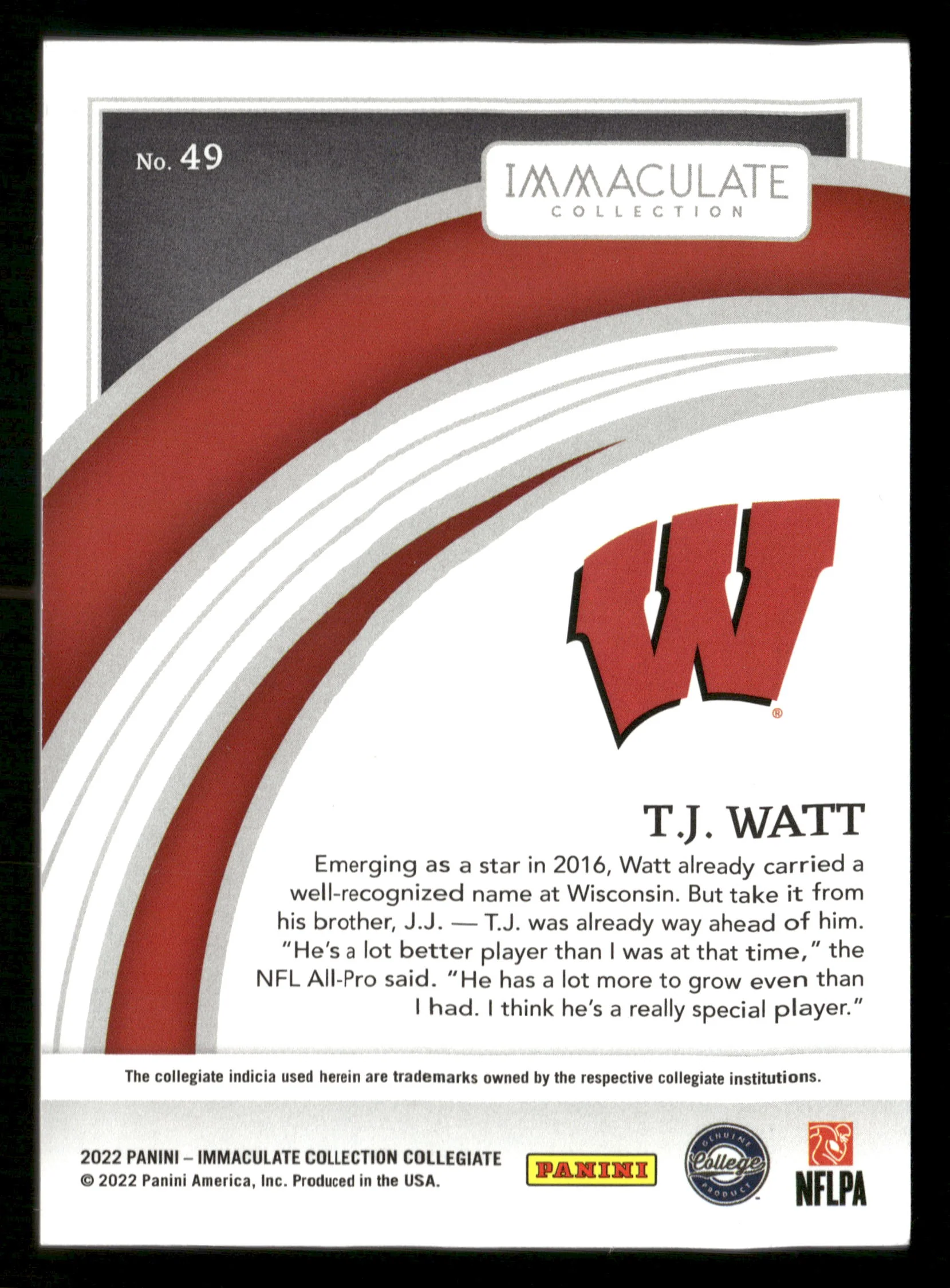 2022 Panini Immaculate Collection Collegiate #49 T.J. Watt #/99 - Image 2