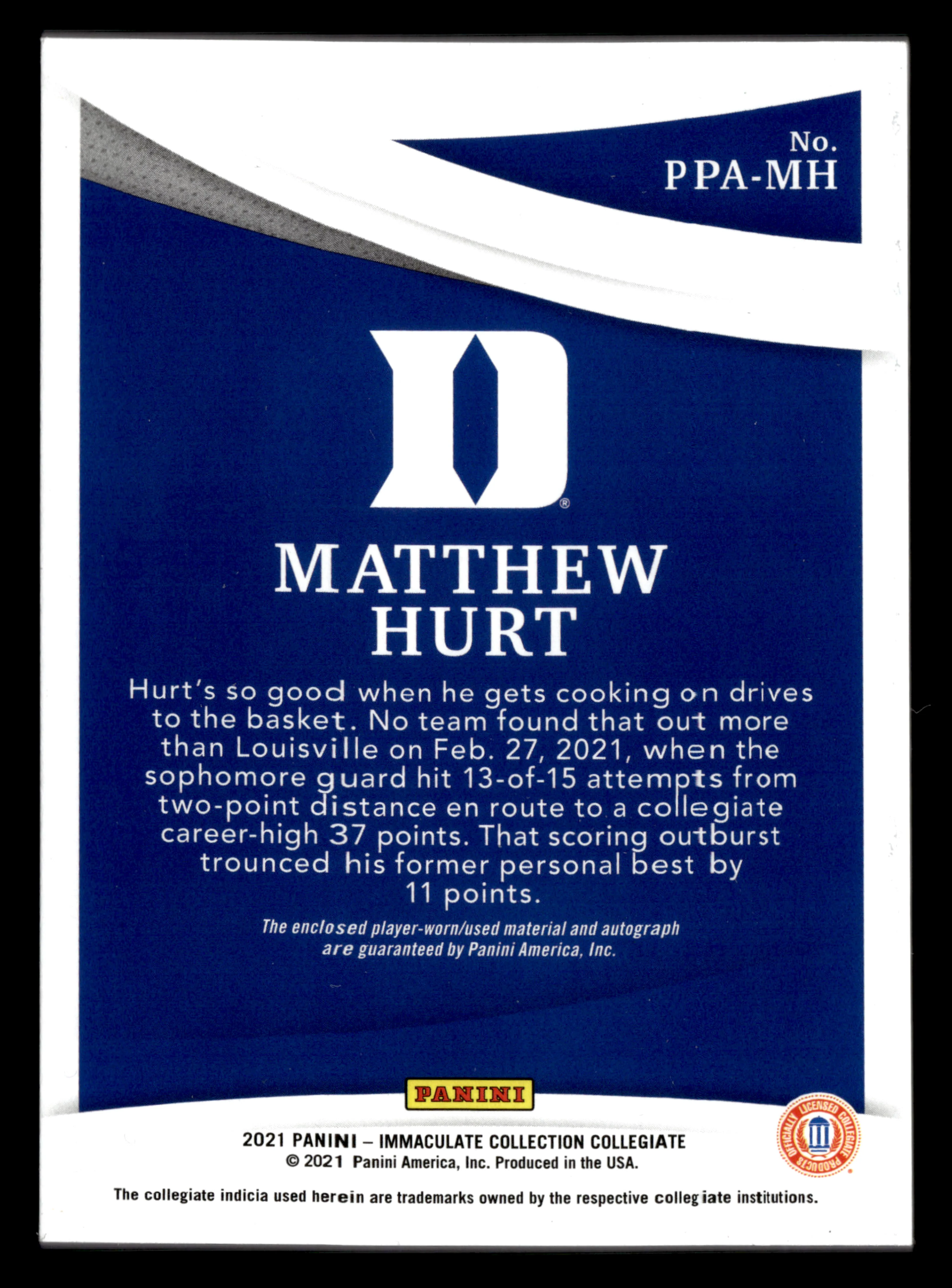 2022 Panini Immaculate Collection Collegiate PPA-MH Matthew Hurt RPA Red /25 - Image 2