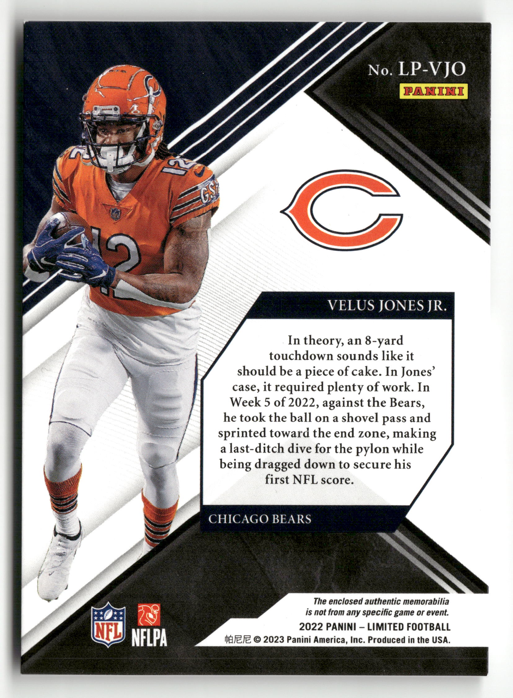 2022 Panini Limited #LP-VJO Velus Jones Jr. Unlimited Potential Patch #/125 - Image 4