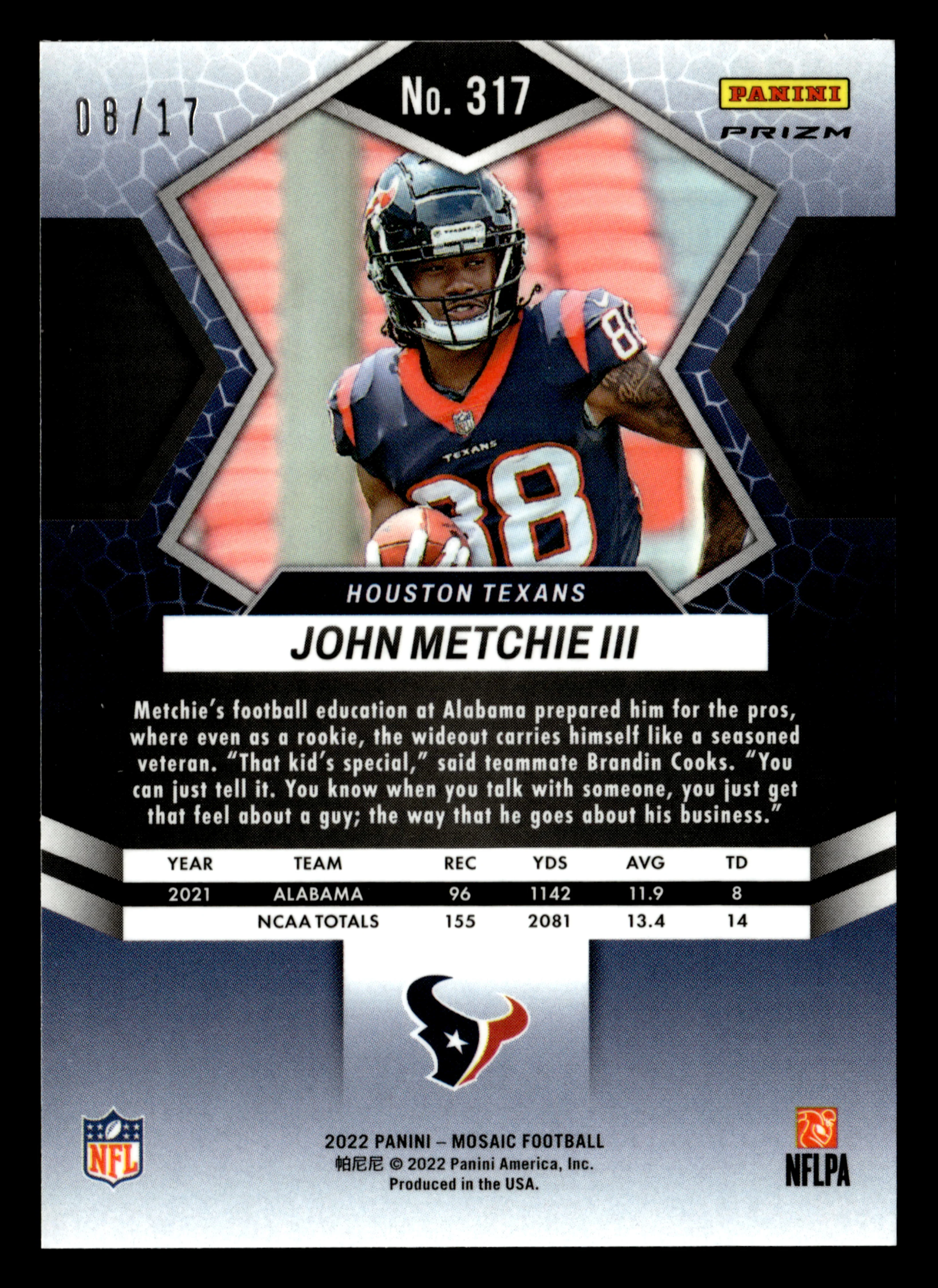 2022 Panini Mosaic #317 John Metchie III Mosaic Gold Wave #/17 - Image 2