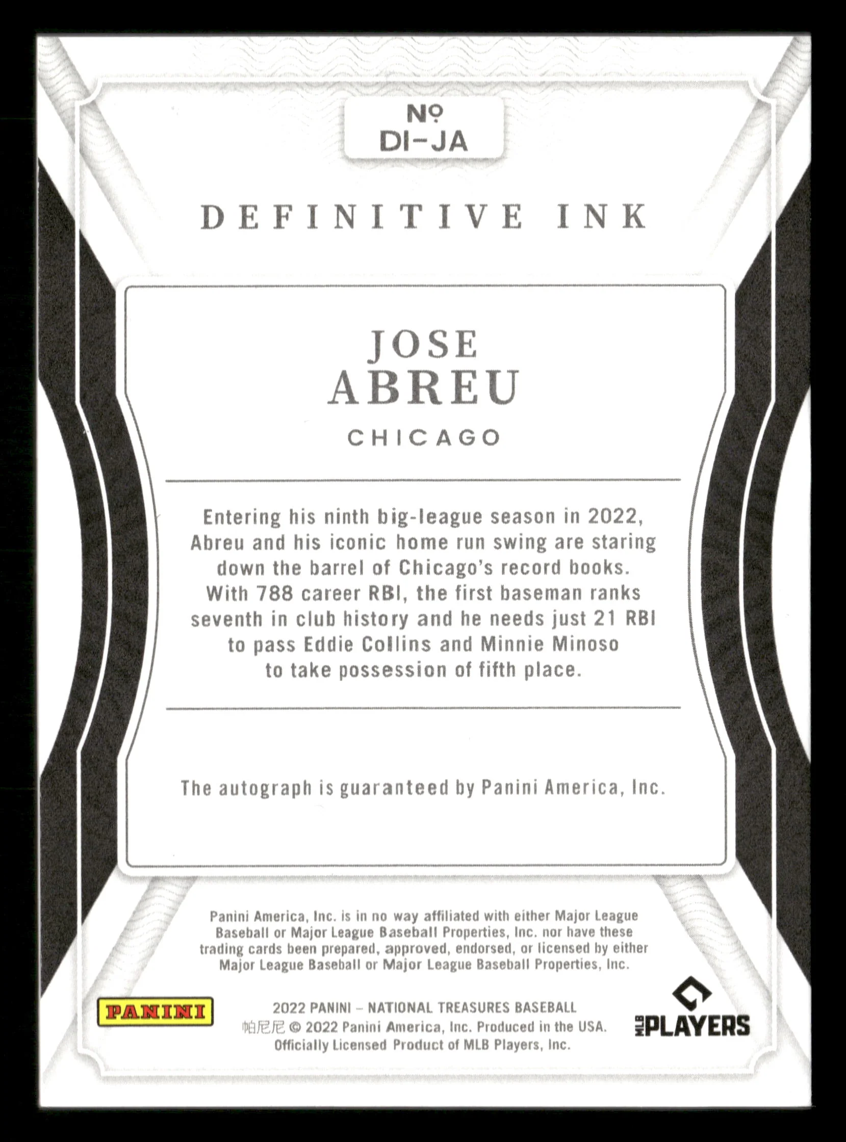 2022 Panini National Treasures #DI-JA Jose Abreu Definitive Ink #/49 - Image 2