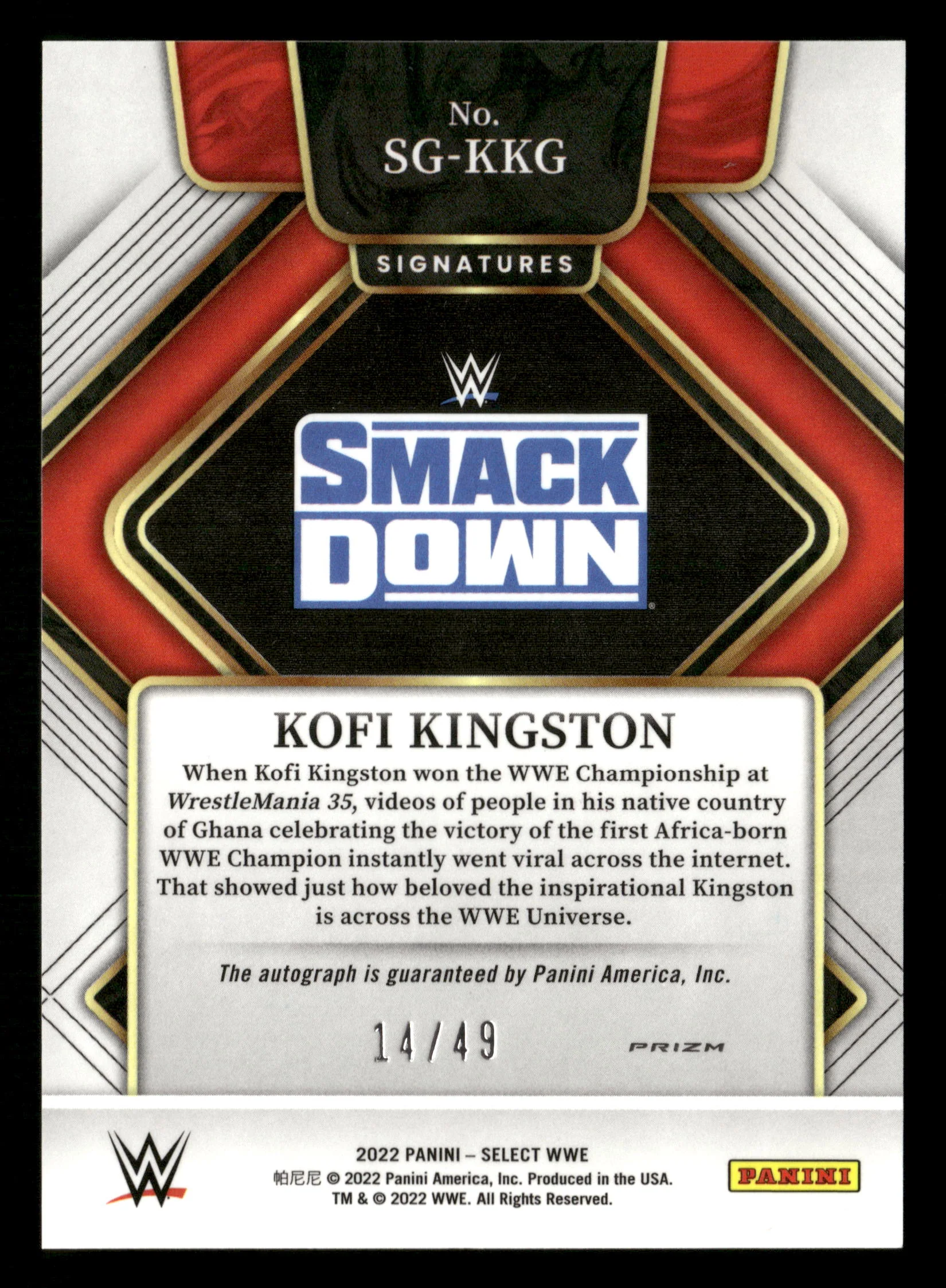 2022 Panini Select WWE #SG-KKG Kofi Kingston Signatures Blue Prizms #/49 - Image 2