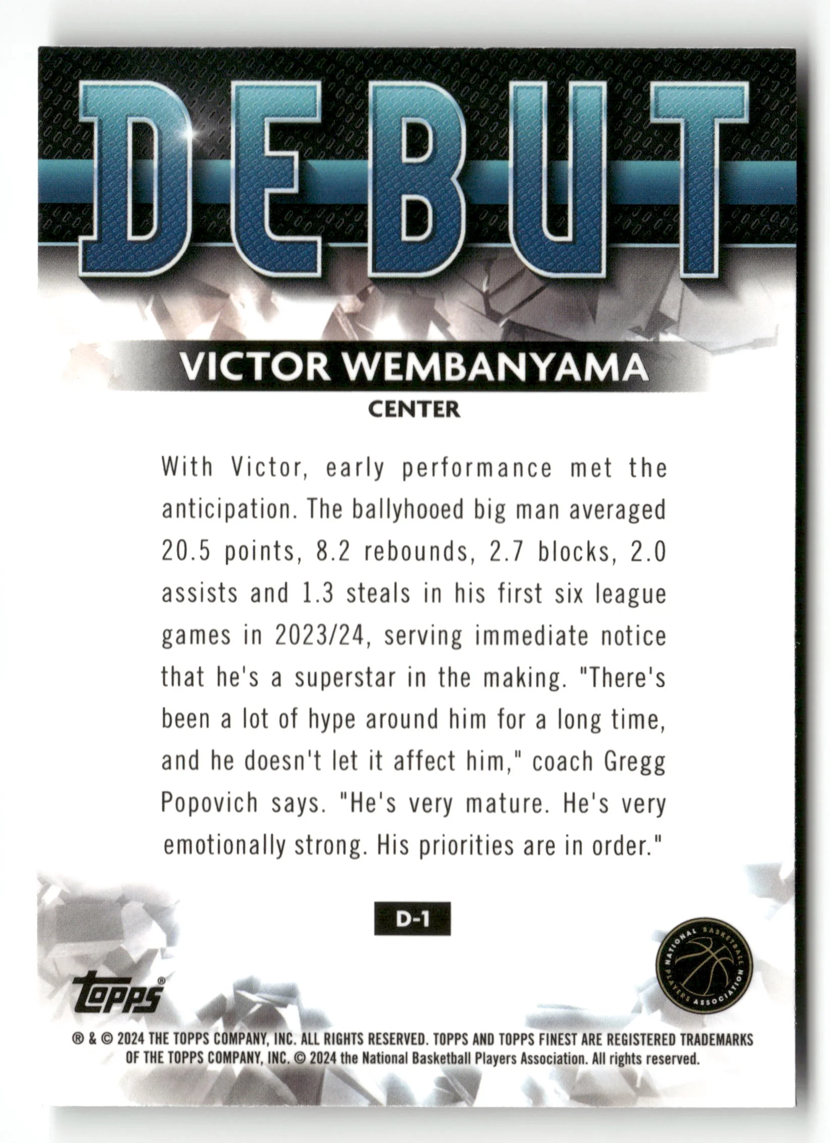 2023-24 Finest #D-1 Victor Wembanyama Debut Checkerboard Refractors - Image 2