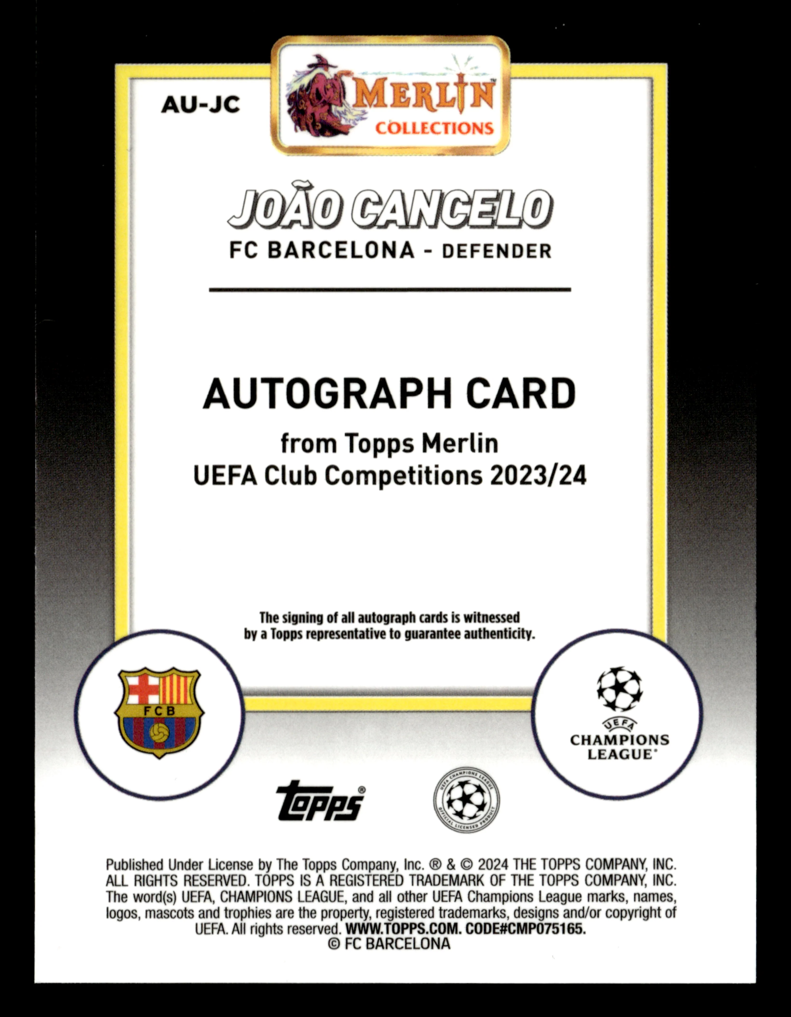 2023-24 Merlin UEFA Club Competitions #AU-JC João Cancelo Autographs - Image 2