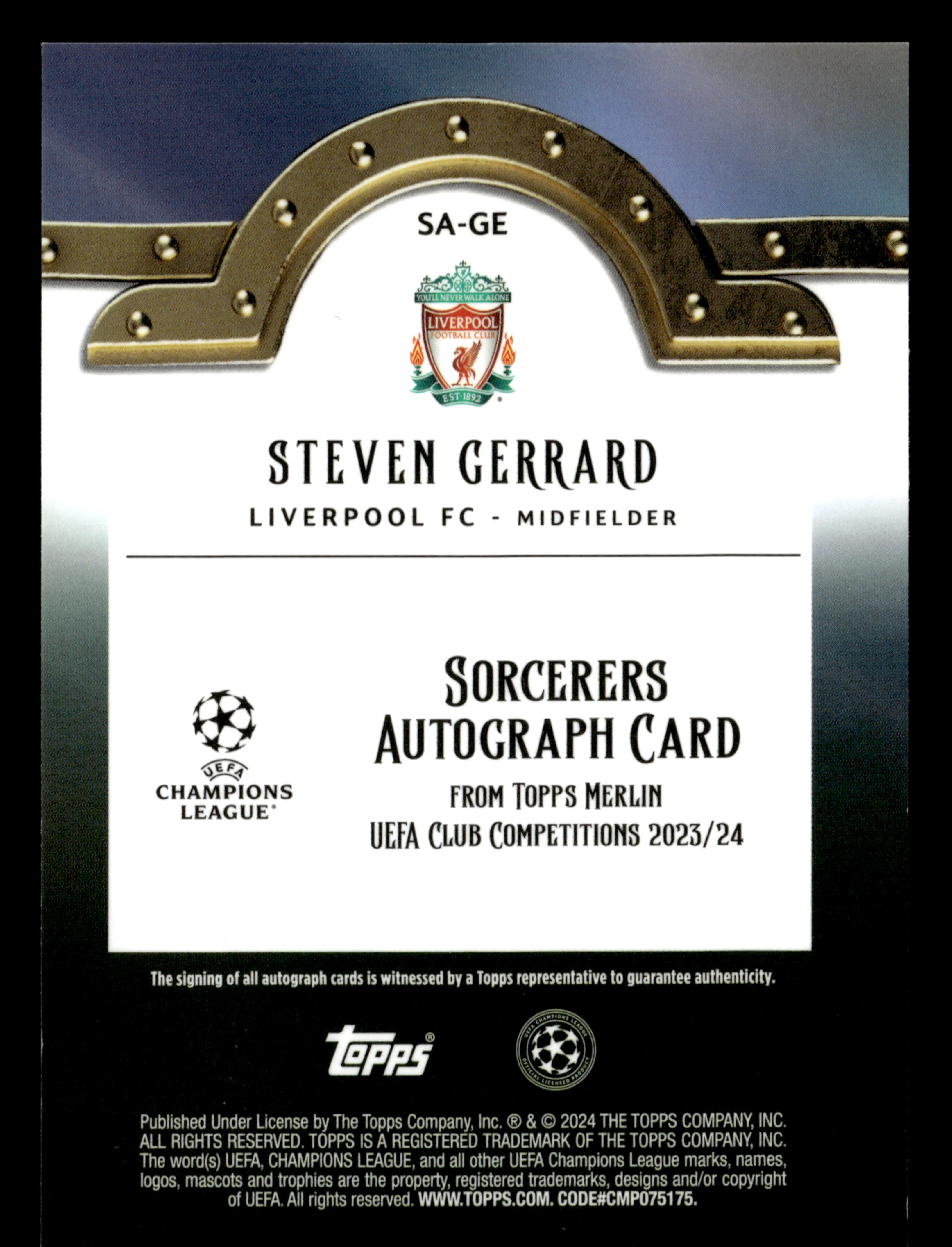 2023-24 Merlin UEFA Club Competitions #SA-GE Steven Gerrard Sorcerer's Auto #/99 - Image 2