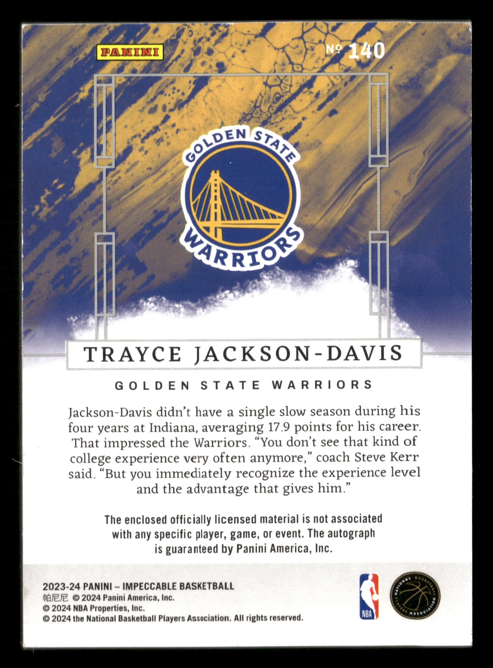 2023-24 Panini Impeccable #140 Trayce Jackson-Davis International #/88 - Image 2