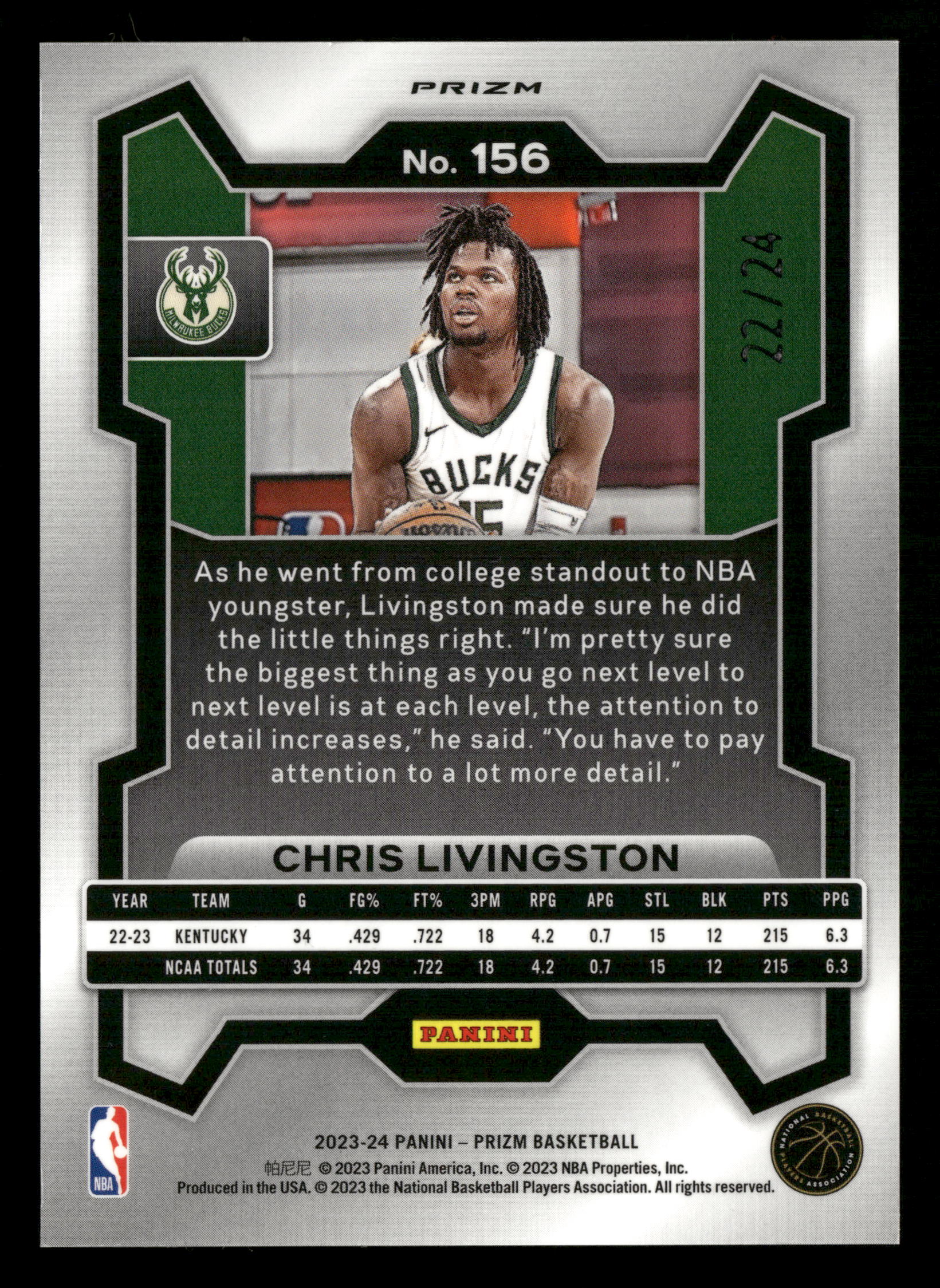2023-24 Panini Prizm #156 Chris Livingston Prizms Gold Sparkle #/24 - Image 2