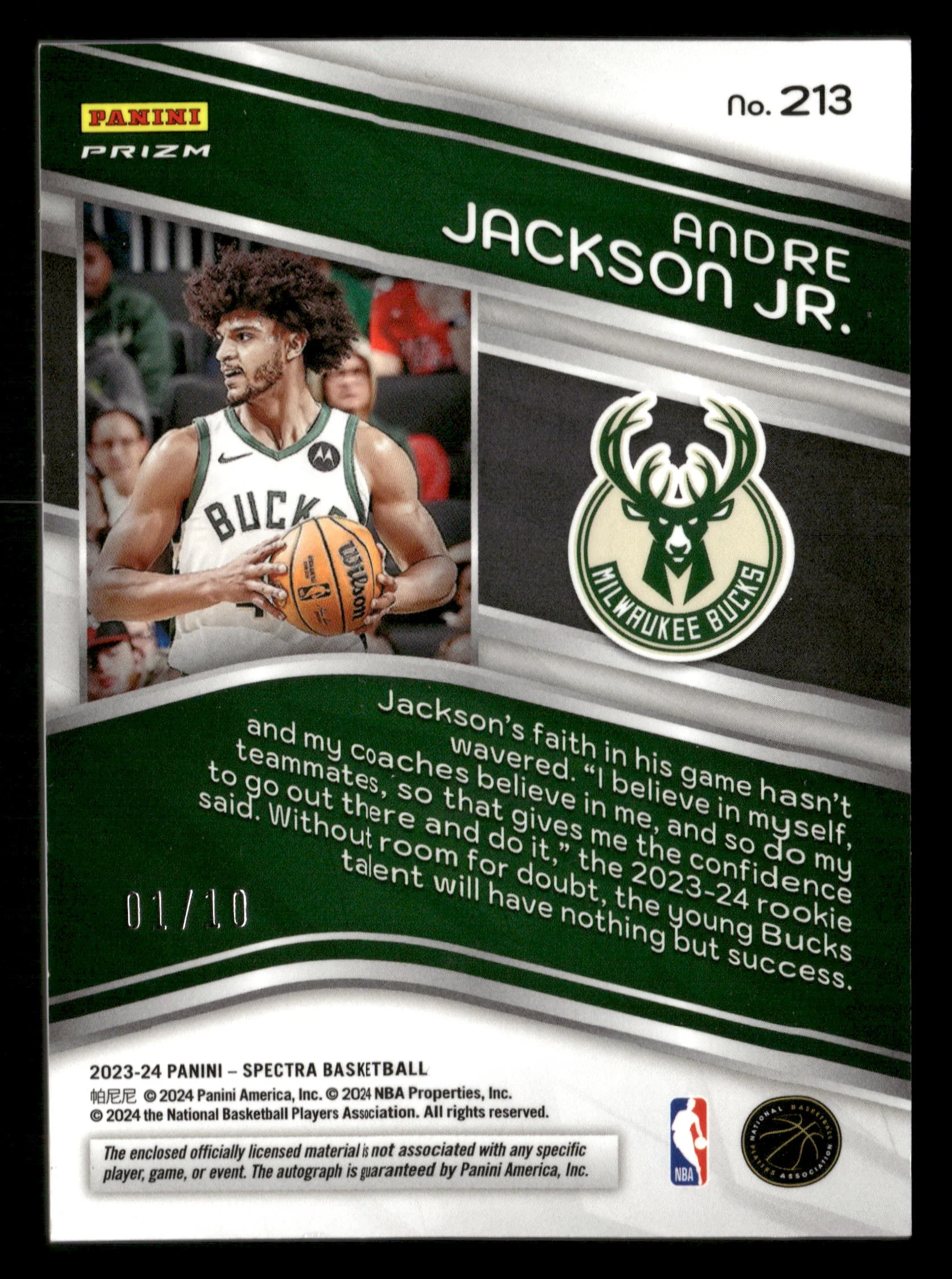 2023-24 Panini Spectra Basketball No.213 Andrew Jackson Jr. Gold RPA Rookie Patch Auto /10 - Image 2