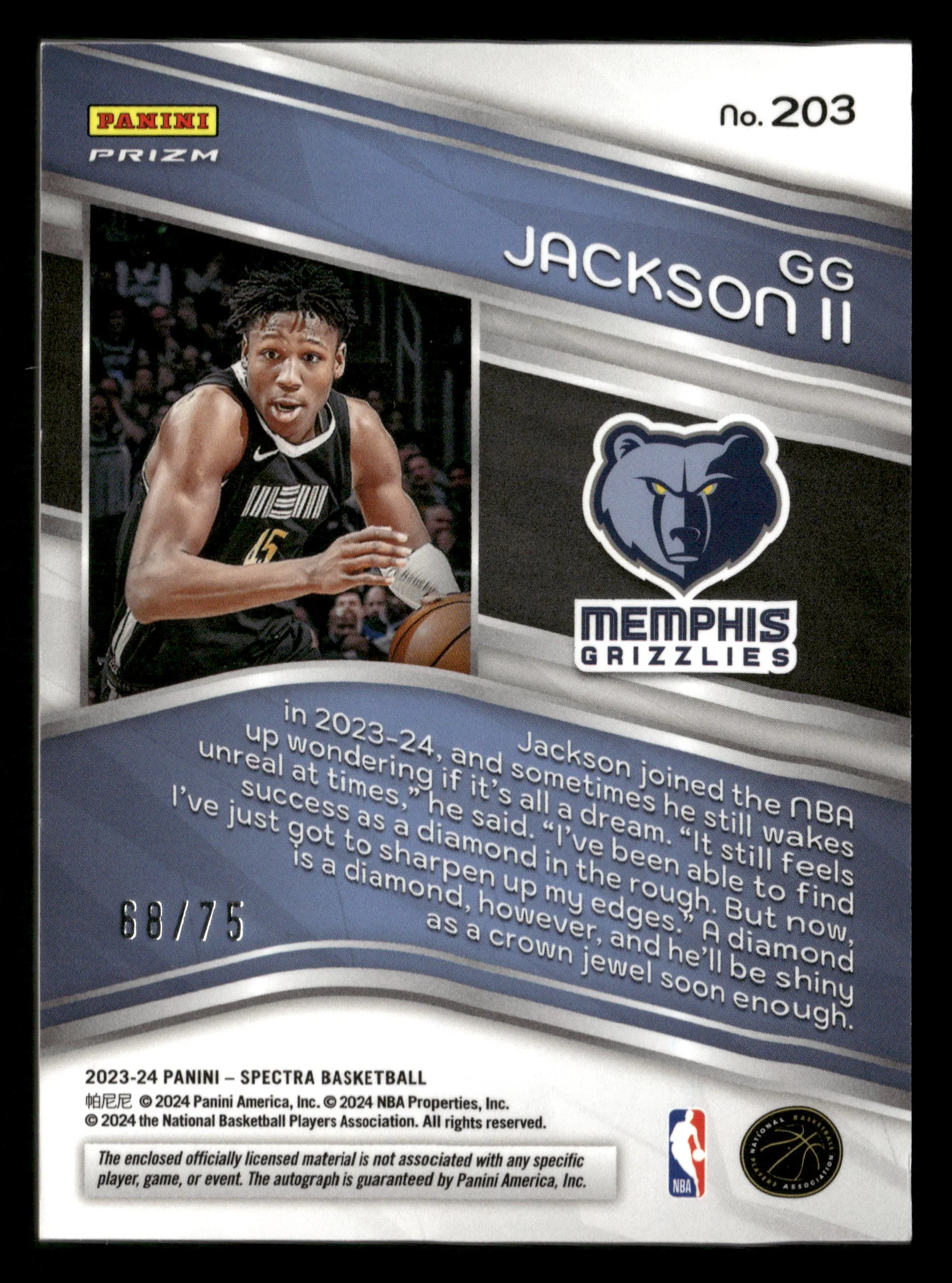 2023-24 Spectra #203 GG Jackson II Rookie Jersey Autographs Supernova #/75 - Image 4