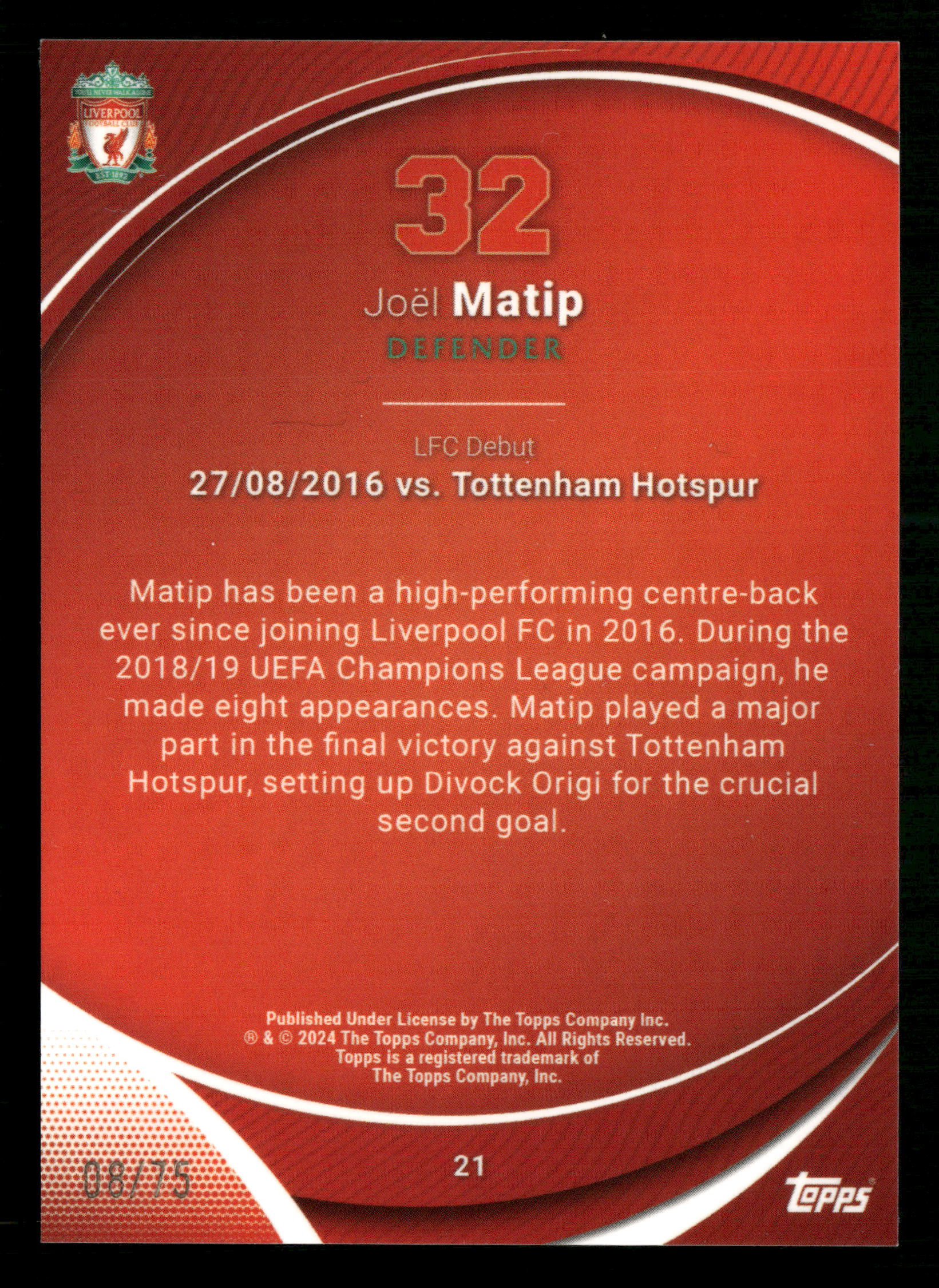 2023-24 Topps Chrome Liverpool FC #21 Joël Matip Yellow #/75 - Image 2
