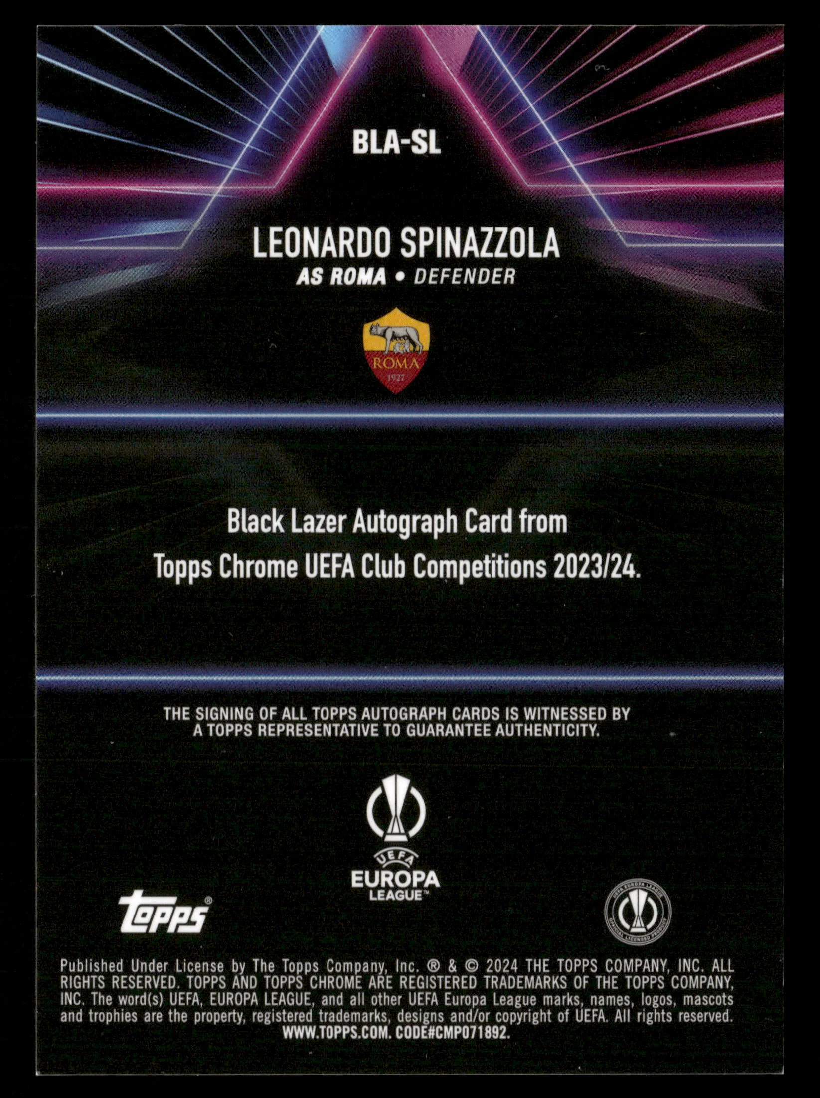 2023-24 Topps Chrome UCC #BLA-SL Leonardo Spinazzola Black Lazer Auto /99 - Image 2